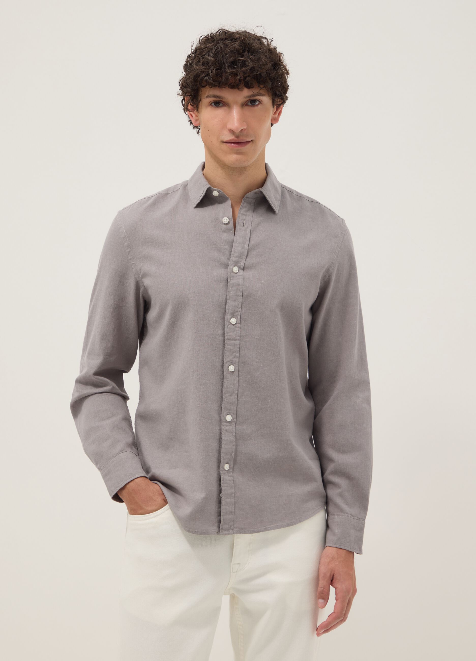 Grey linen-cotton blend shirt with regular fit