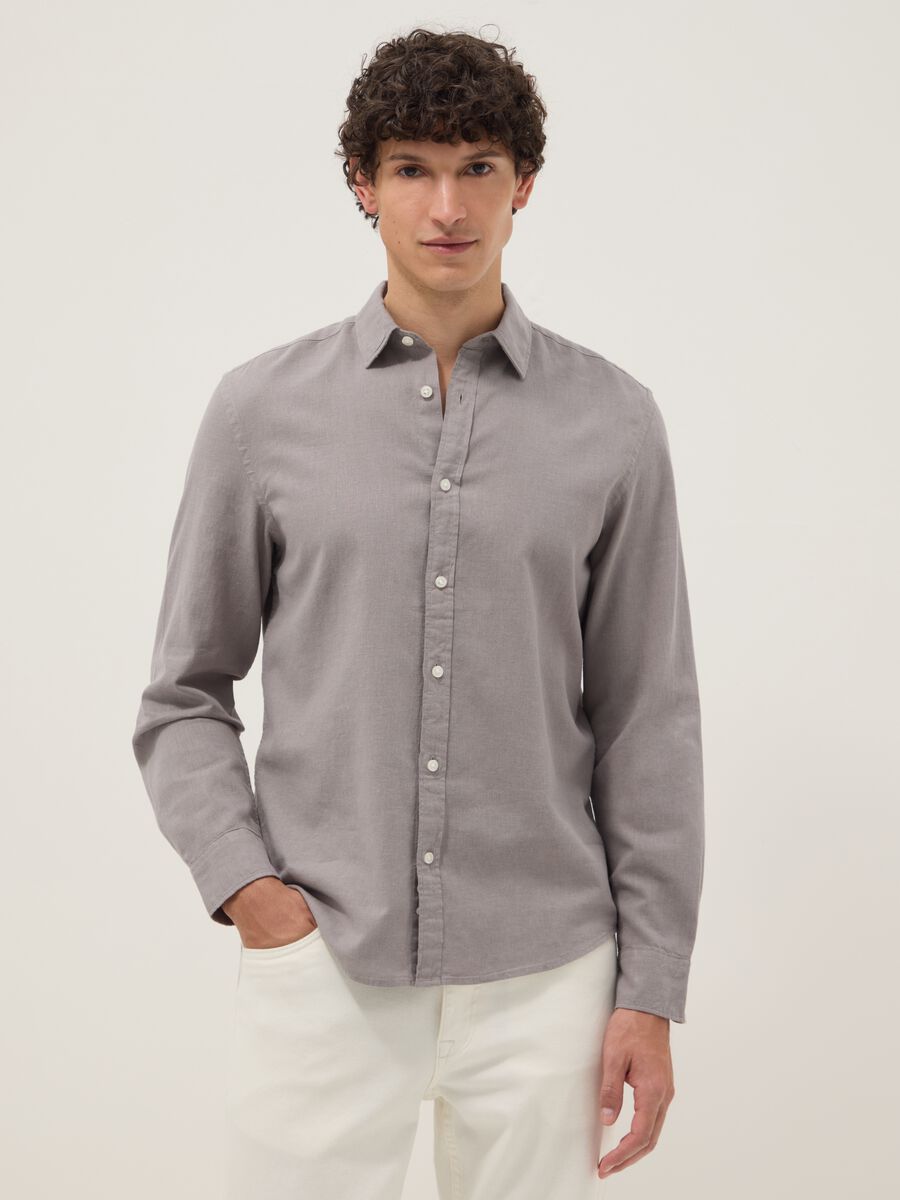 Camicia grigia in misto lino e cotone regular fit_1