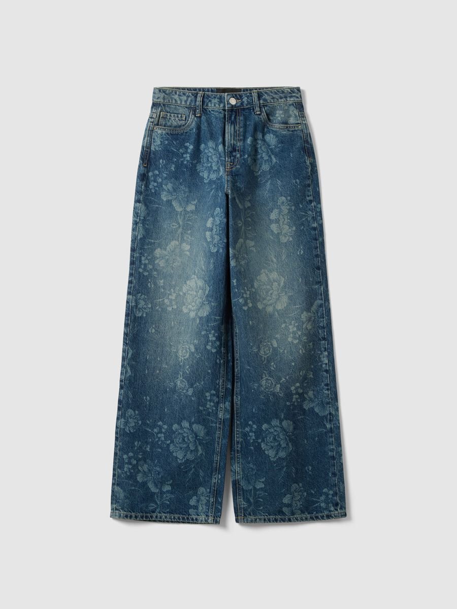 Wide leg blue denim pure cotton jeans with floral design_4