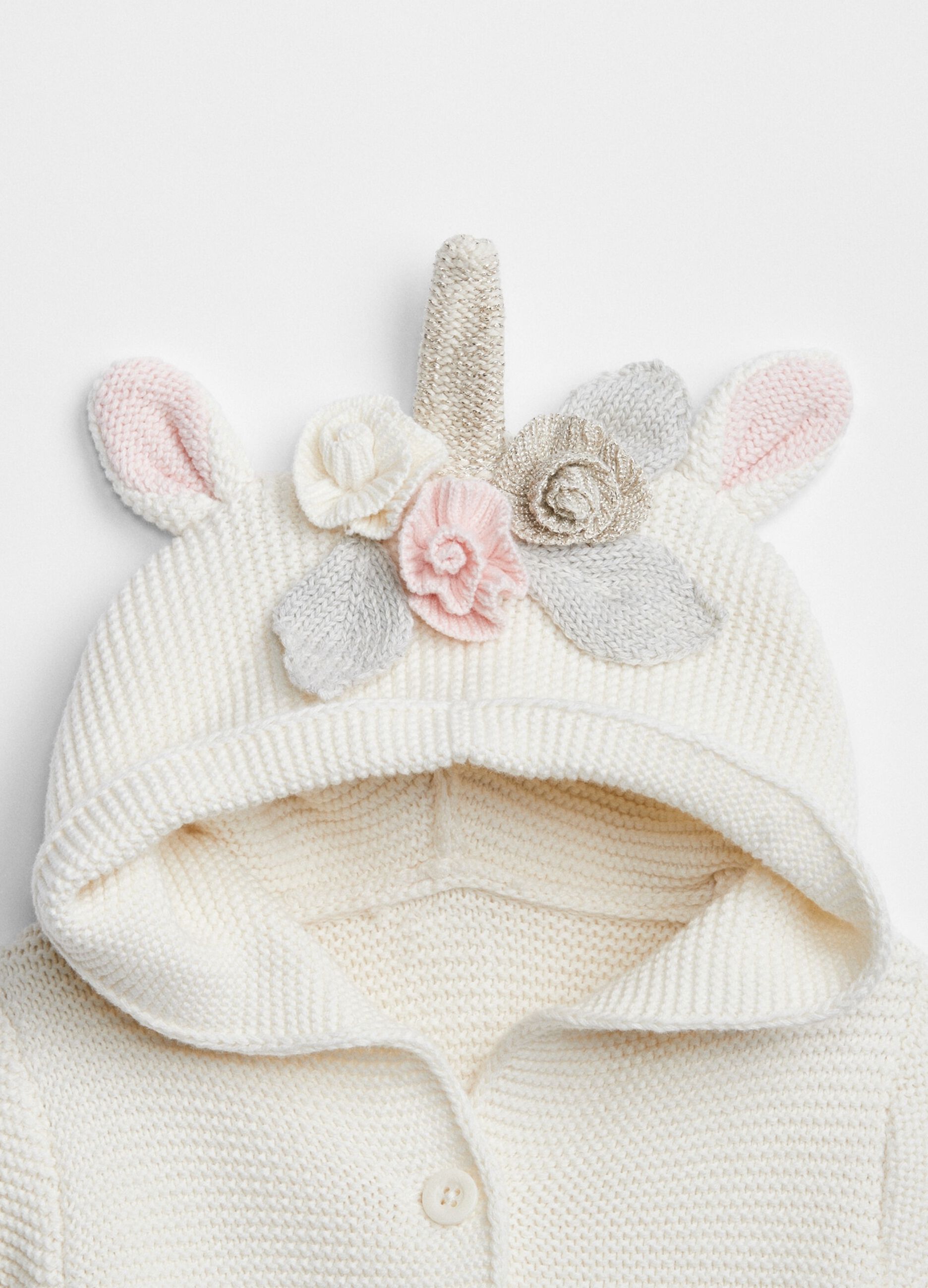 Cardigan tricot con cappuccio unicorno