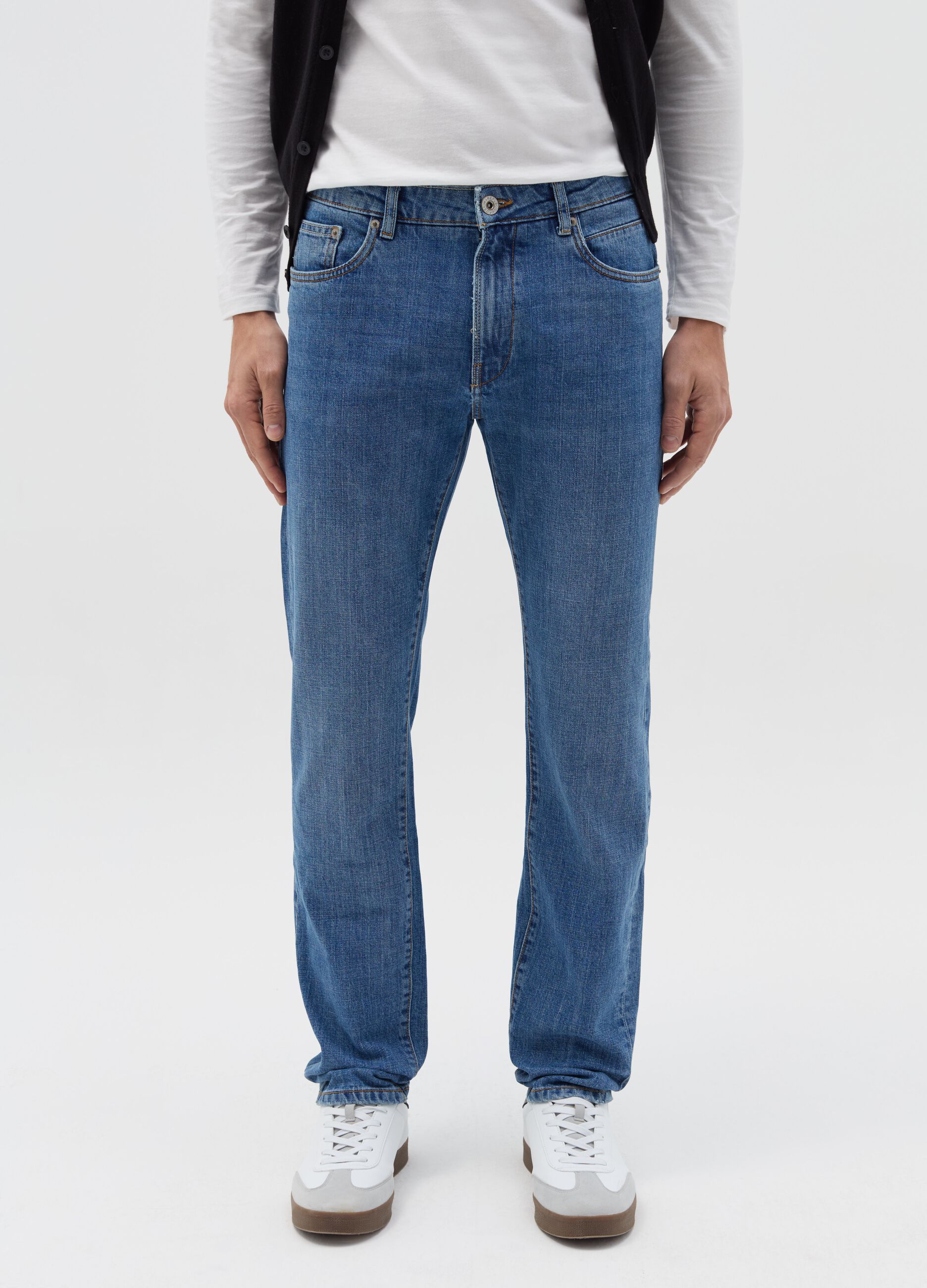 Slim-fit cross-hatch cotton jeans