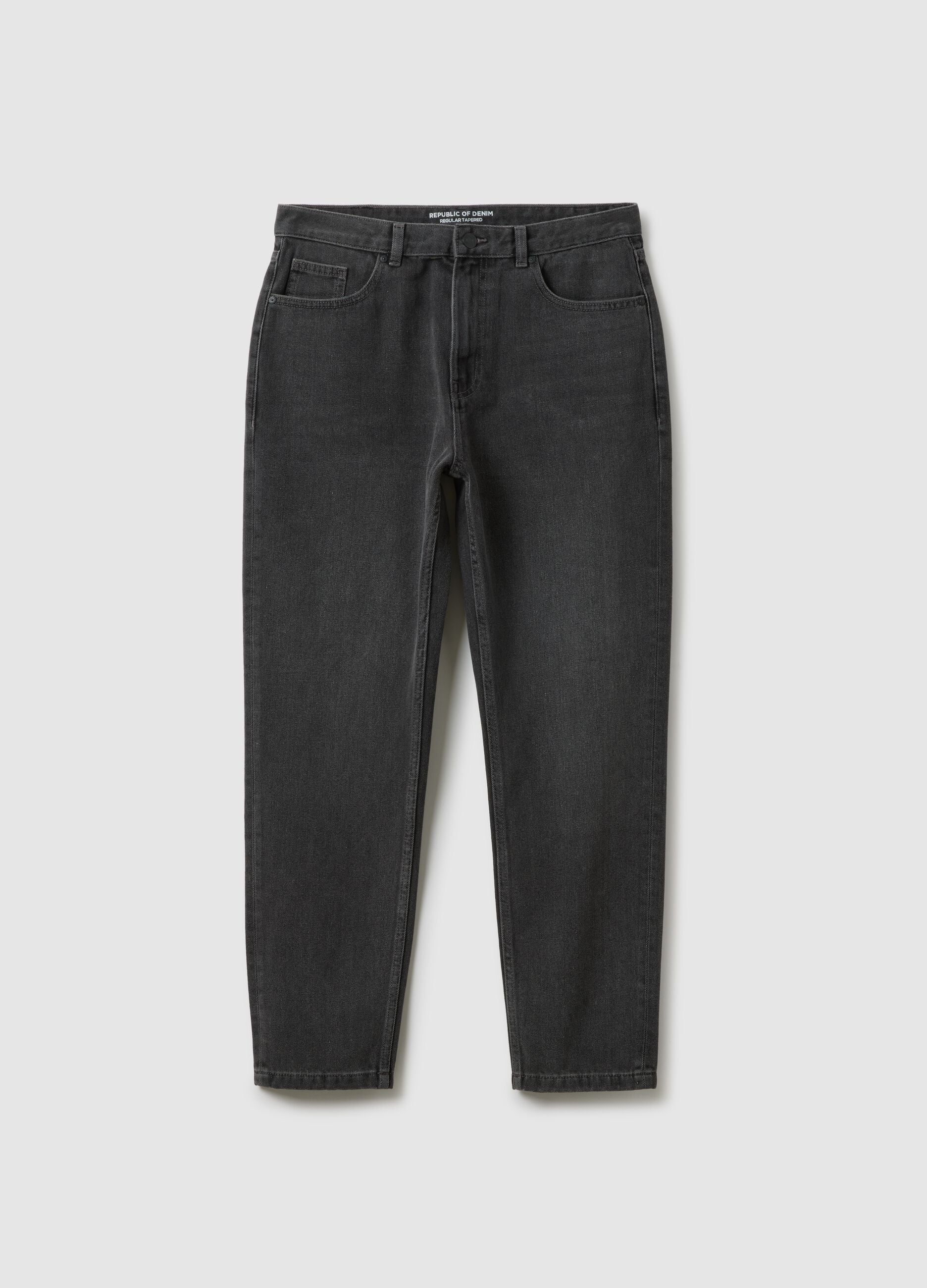 Black Cotton Blend Regular Tapered Jeans