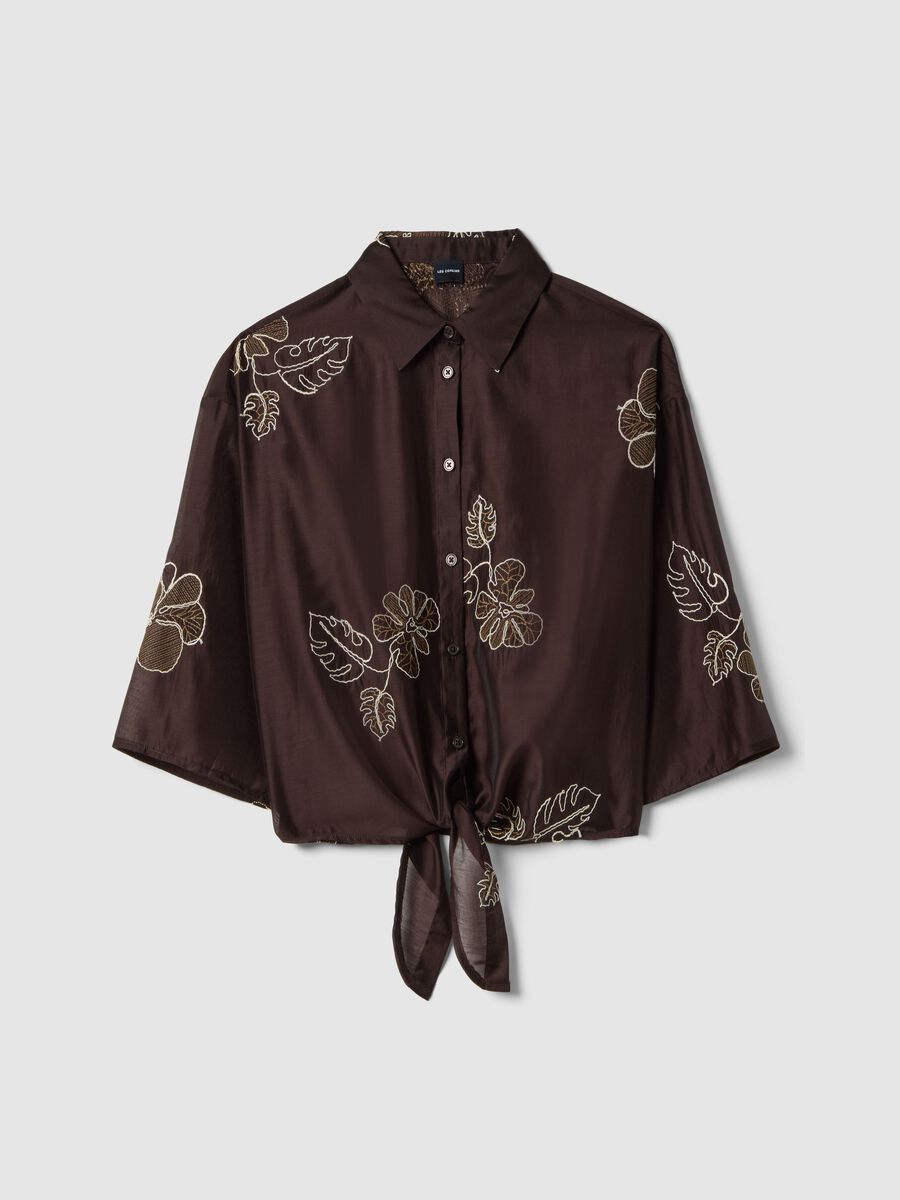 Camicia in misto lyocell marrone regular fit con ricami floreali_4