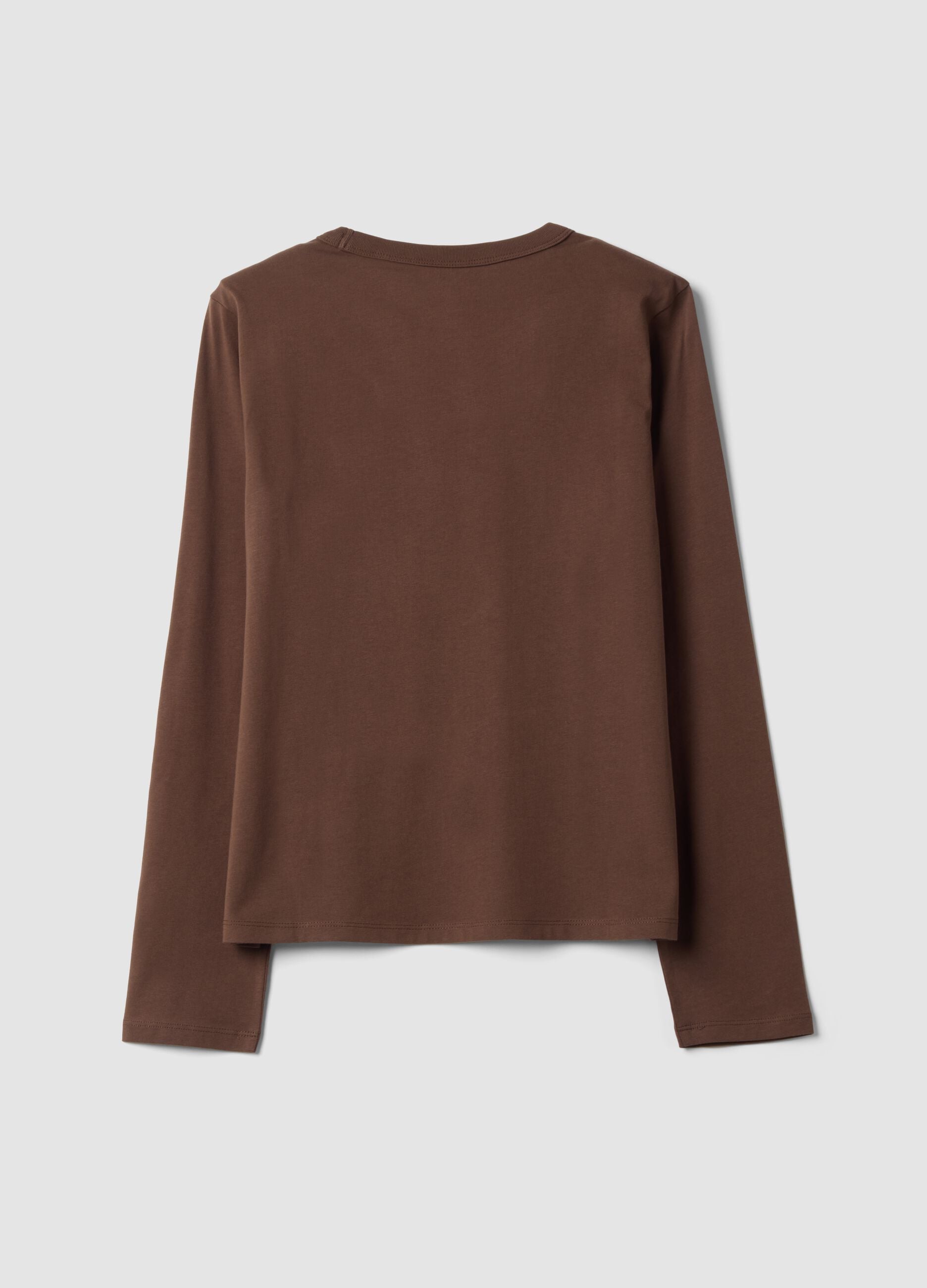 T-shirt marrone in jersey di puro cotone a maniche lunghe regular fit