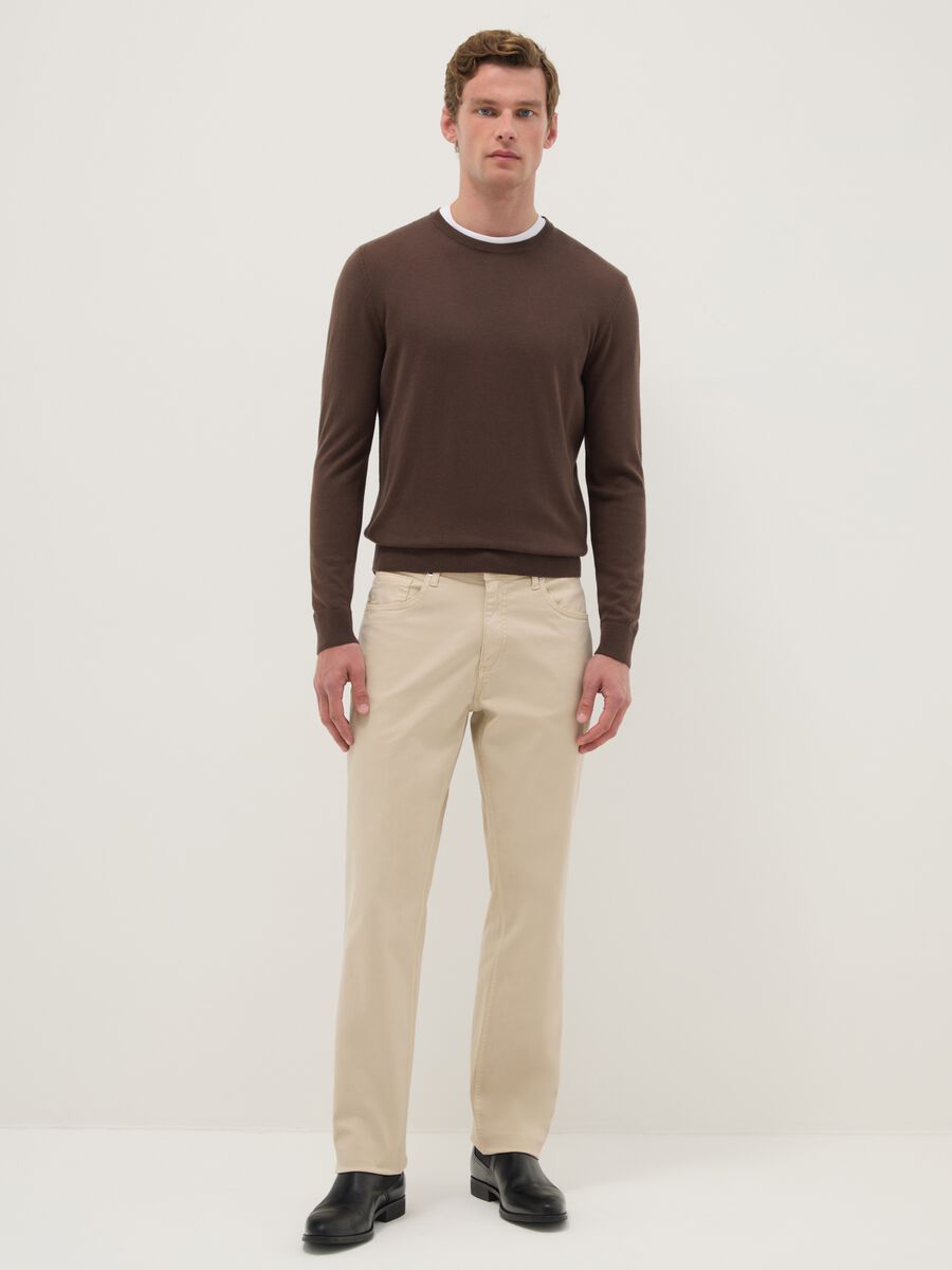 Brown crew neck cotton blend regular fit sweater_1