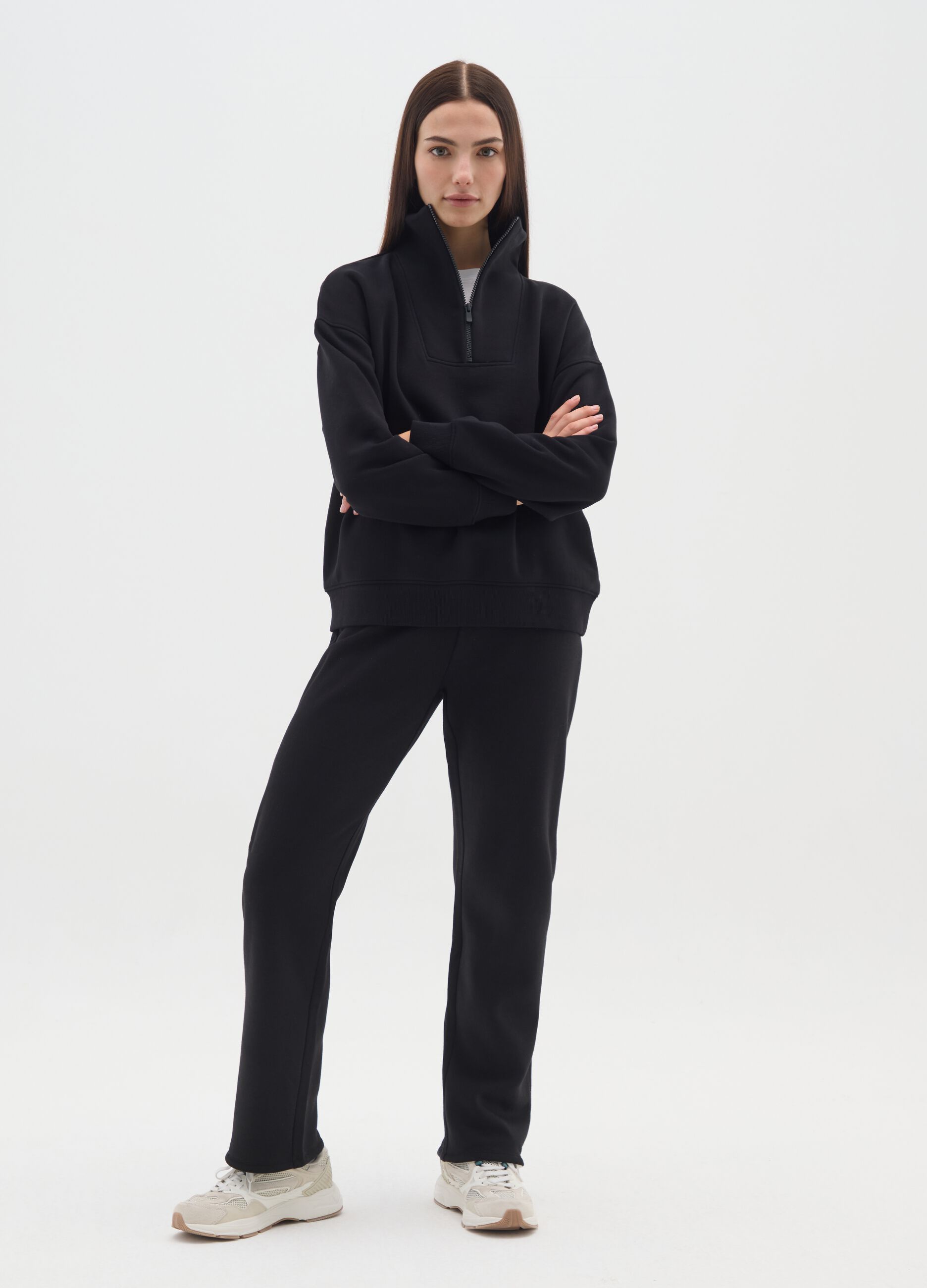 Black regular fit cotton blend trousers with elasticated waist