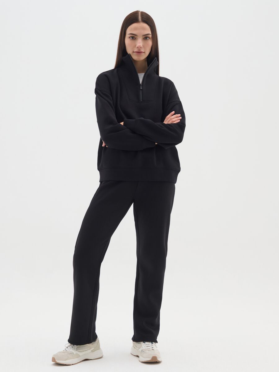 Black regular fit cotton blend trousers with elasticated waist_0