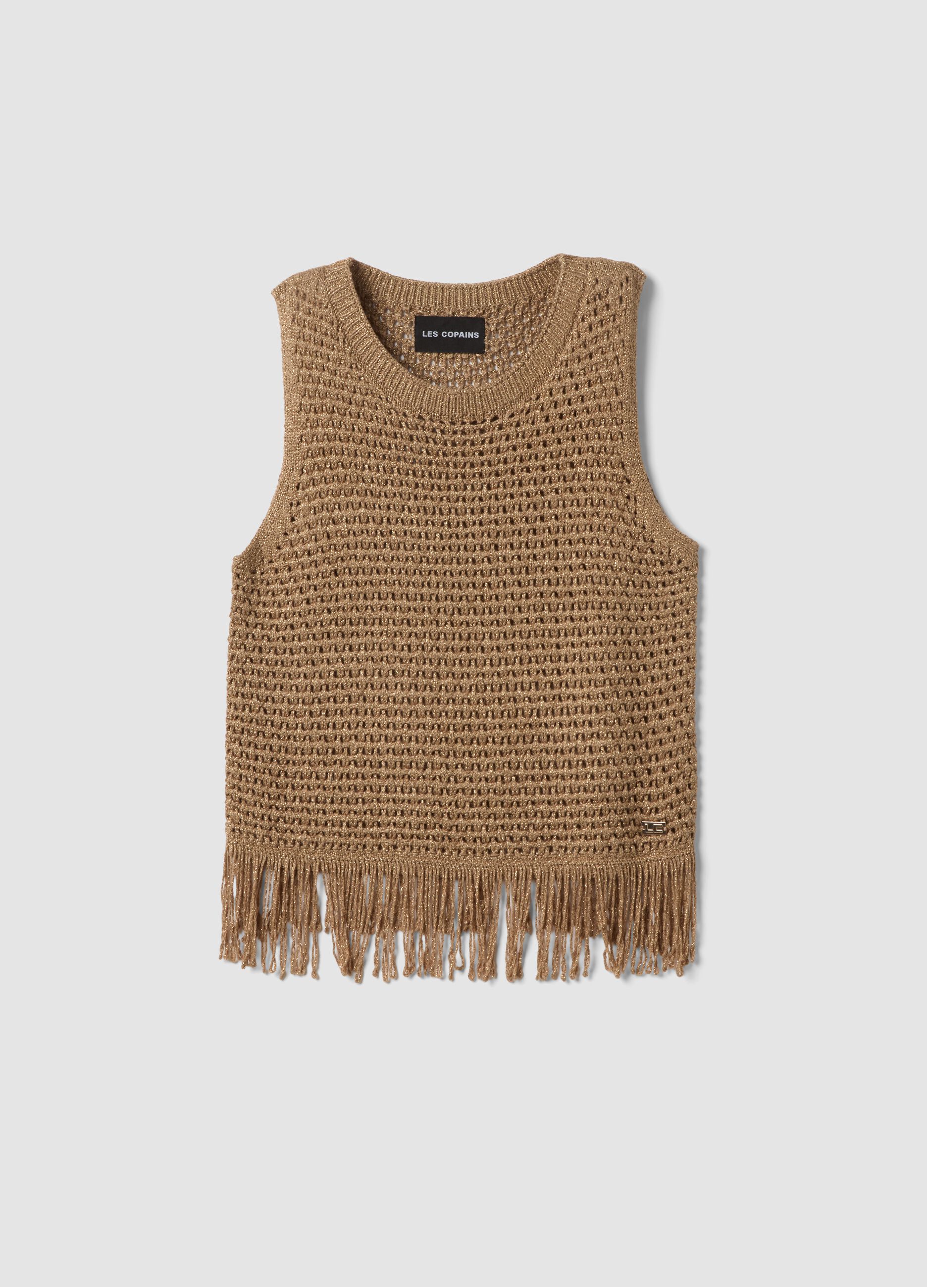 Brown viscose-blend mesh tank top with fringe