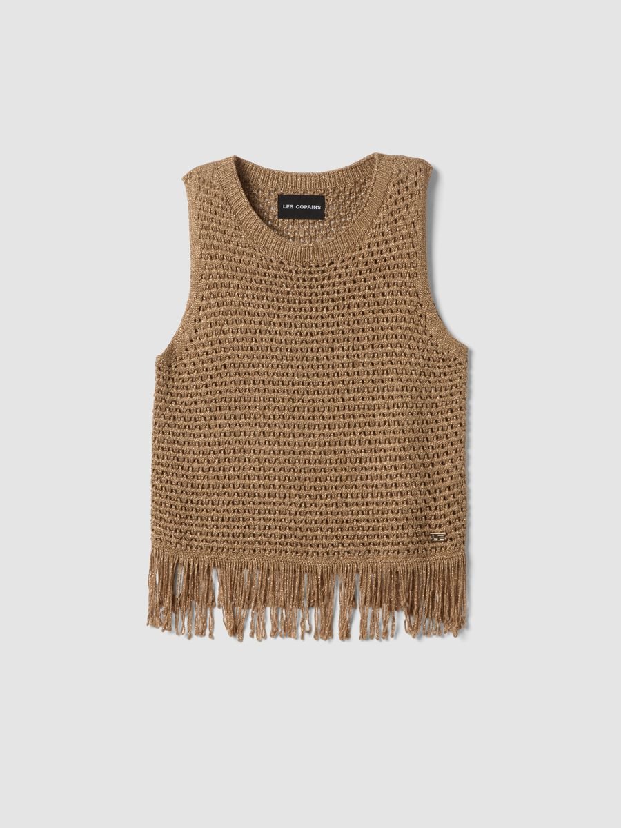 Brown viscose-blend mesh tank top with fringe_4