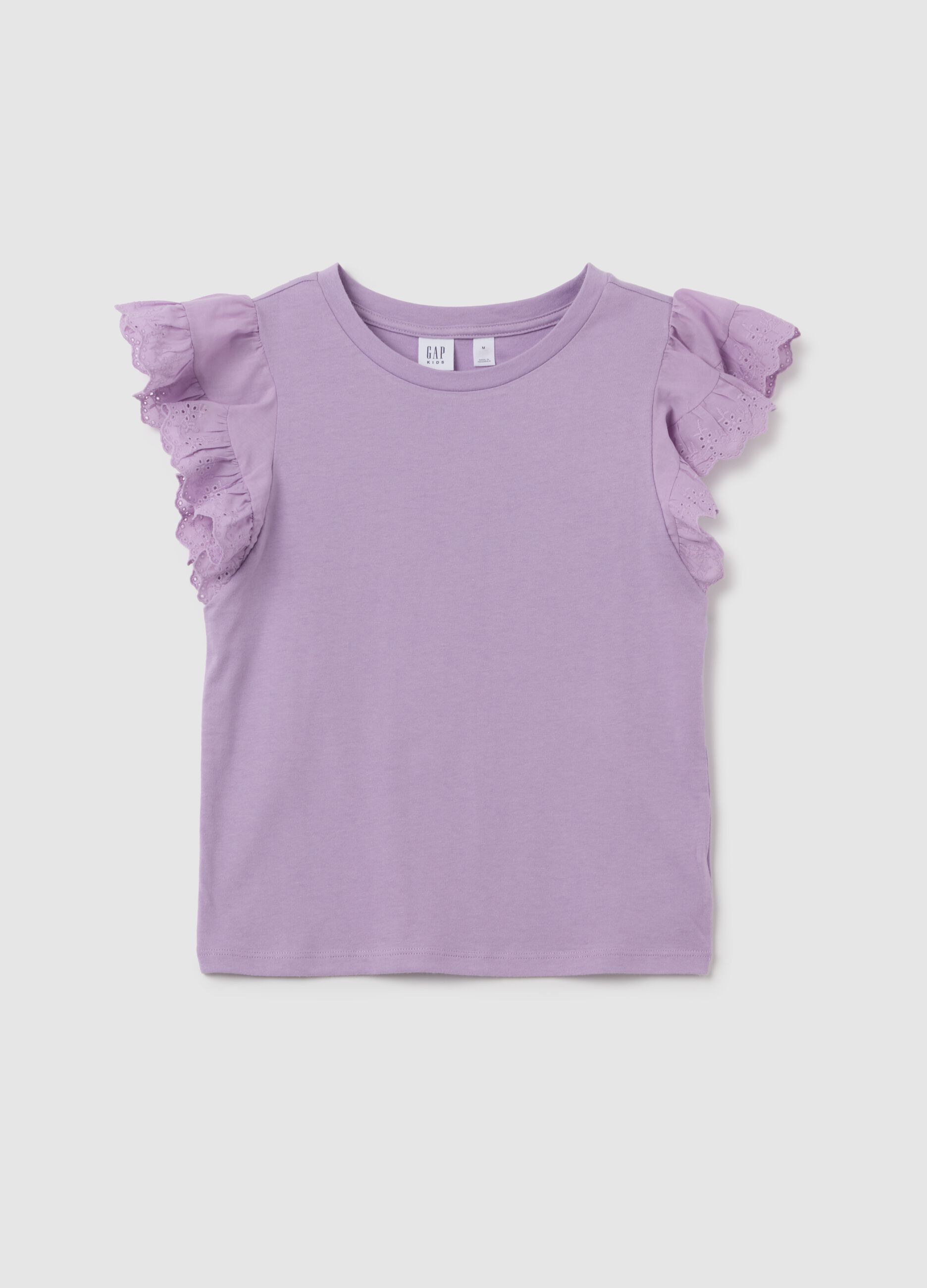 Cotton T-shirt with broderie anglaise flounces