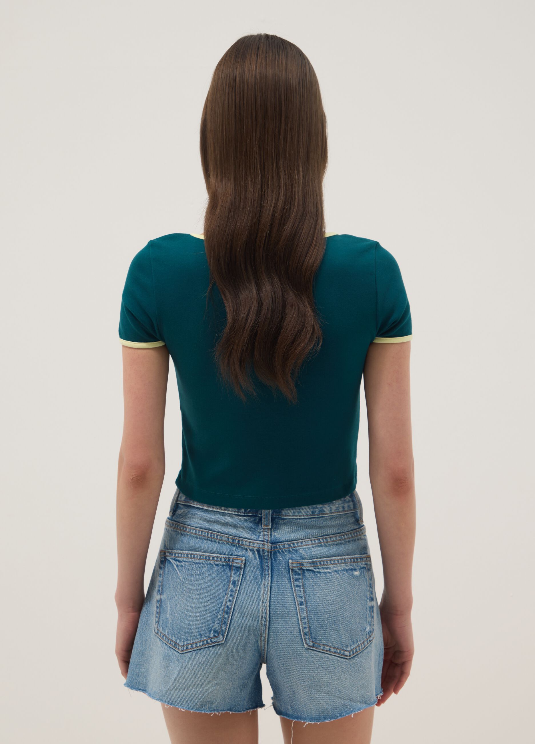 Green stretch cotton short-sleeve T-shirt