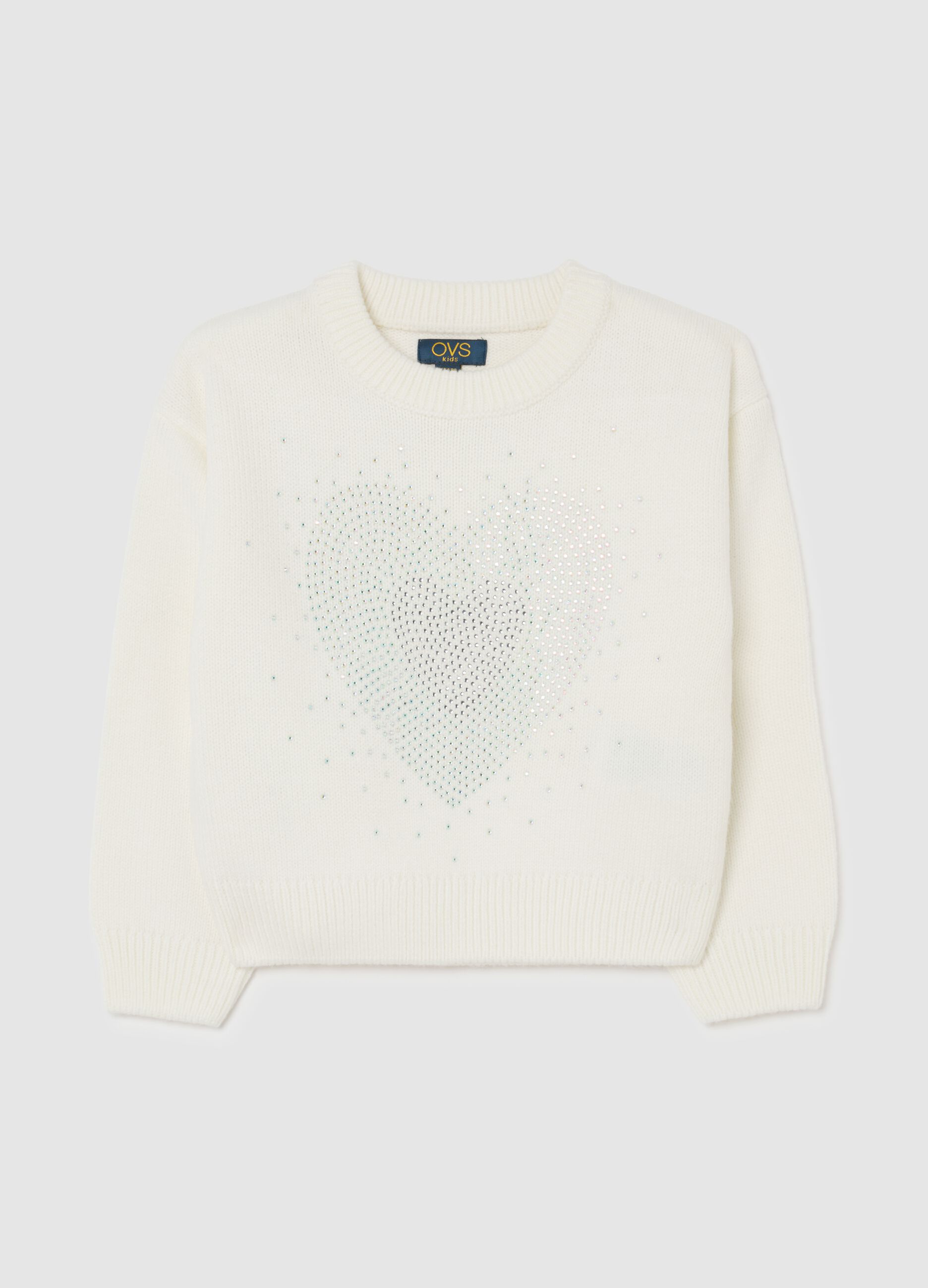 Girls' regular fit white sweater with rhinestone heart