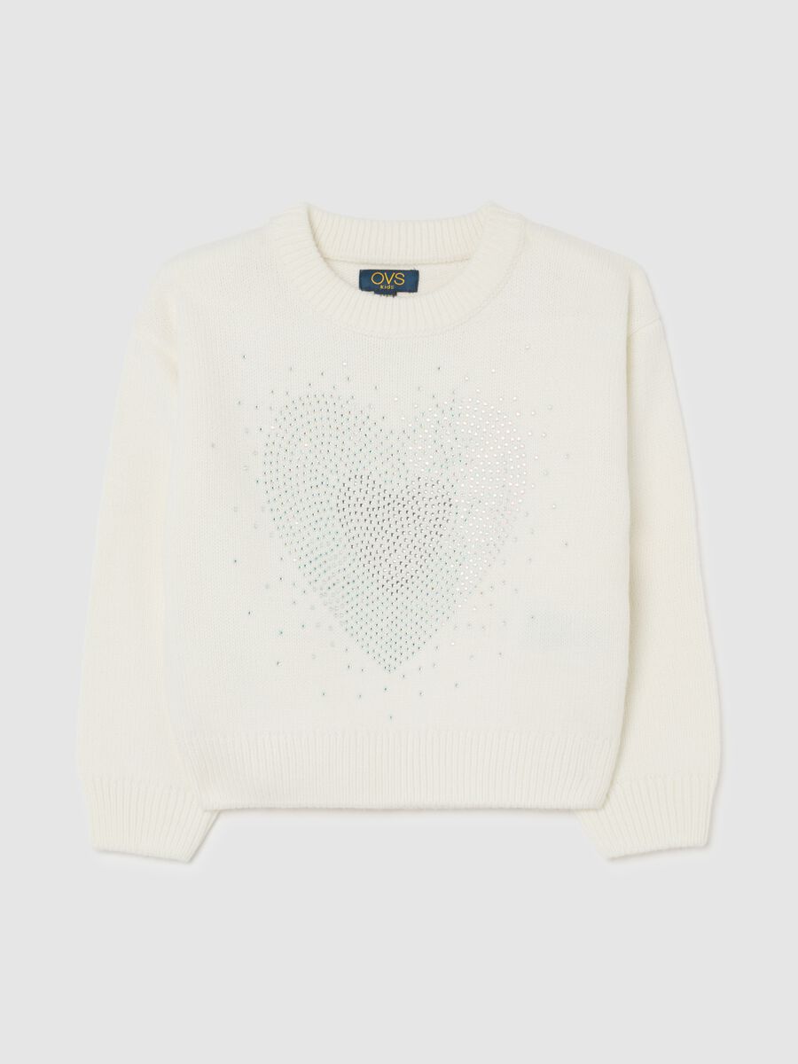 Girls' regular fit white sweater with rhinestone heart_0