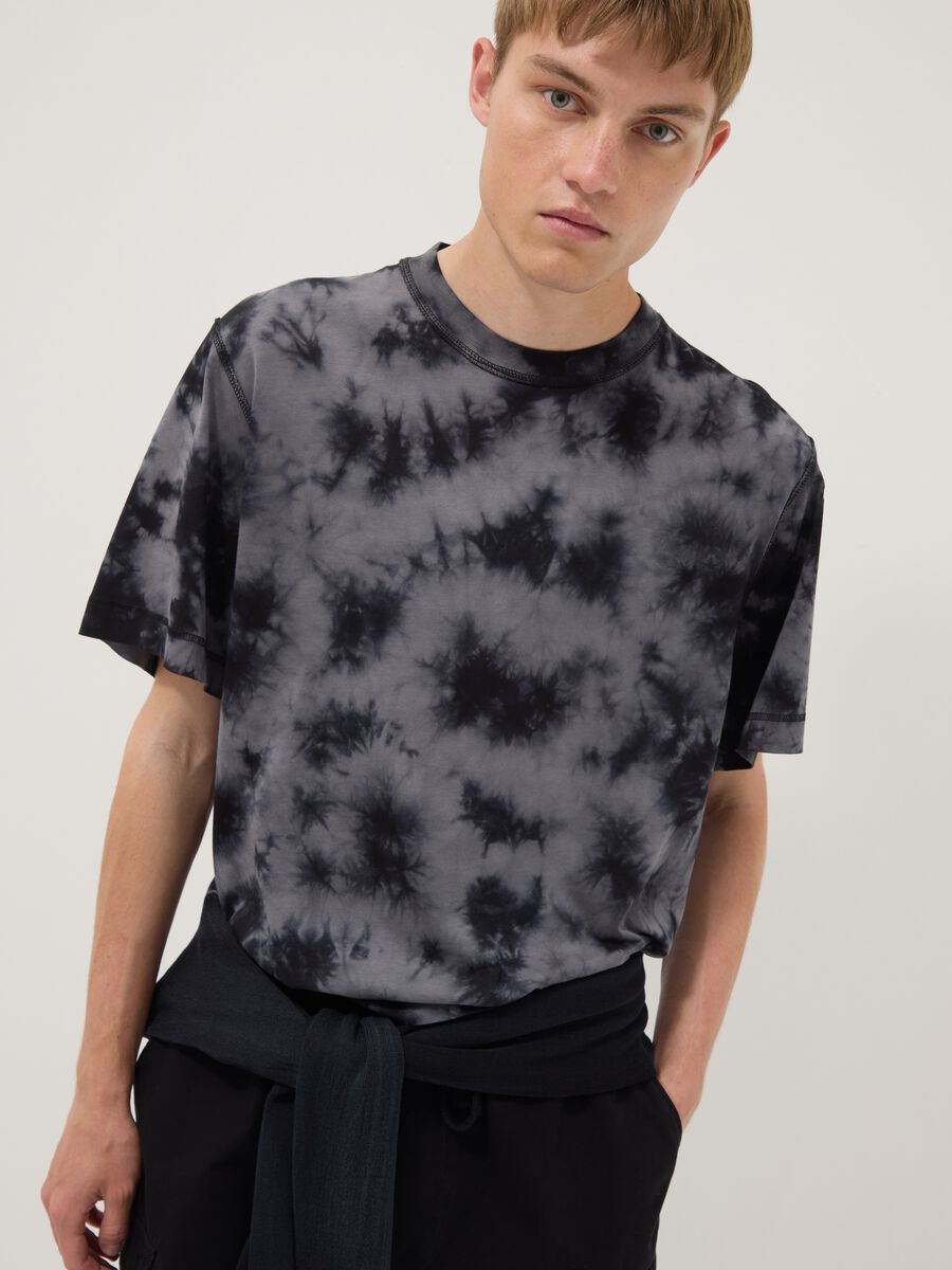 Blue pure cotton T-shirt with tie-dye print_2
