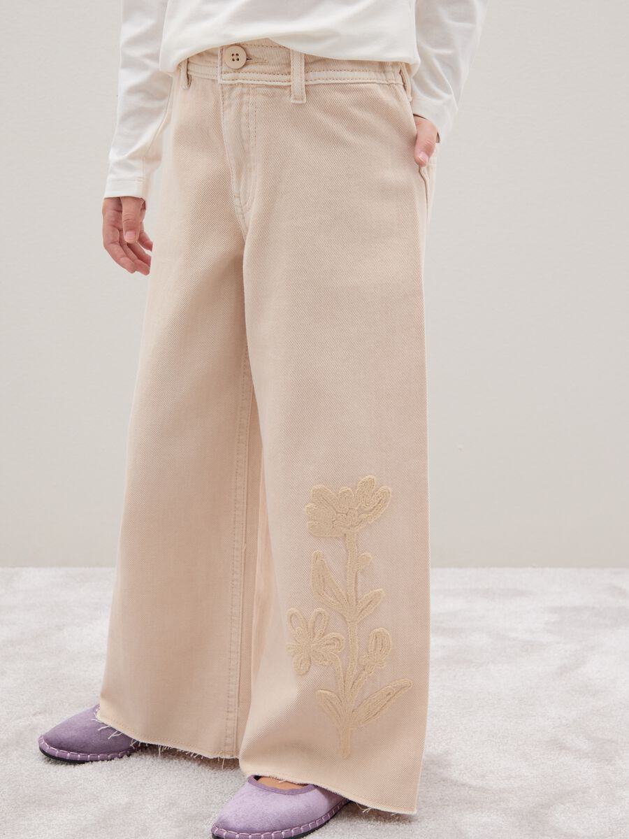 Girls' wide-leg beige cotton trousers_2