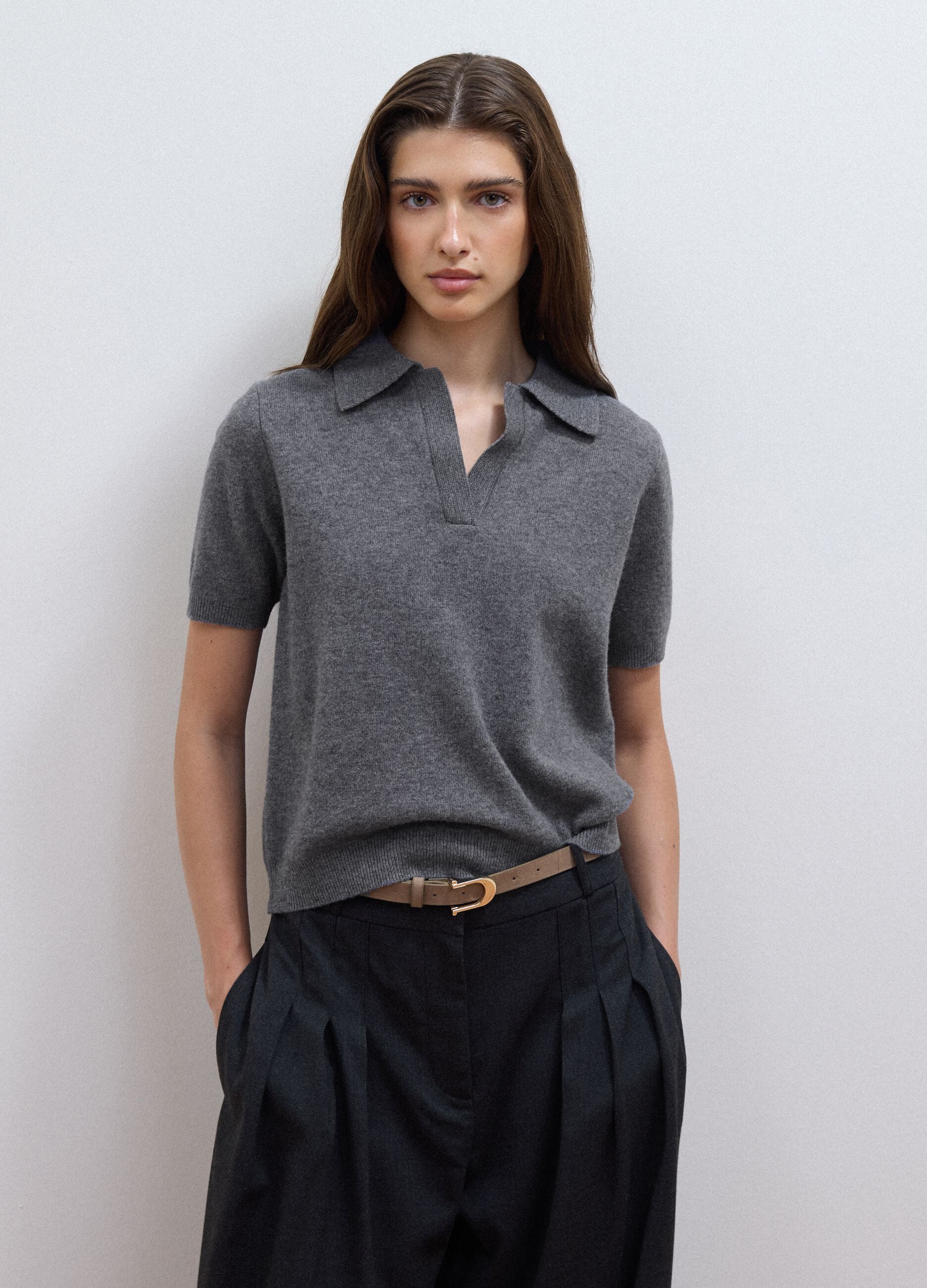 Grey pure wool polo-collar jumper with relaxed fit