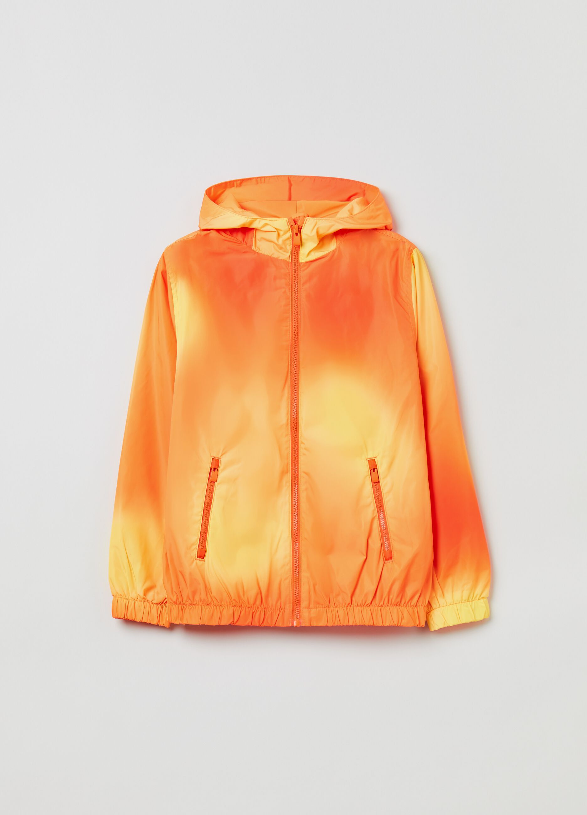 Waterproof jacket in tie dye pattern.