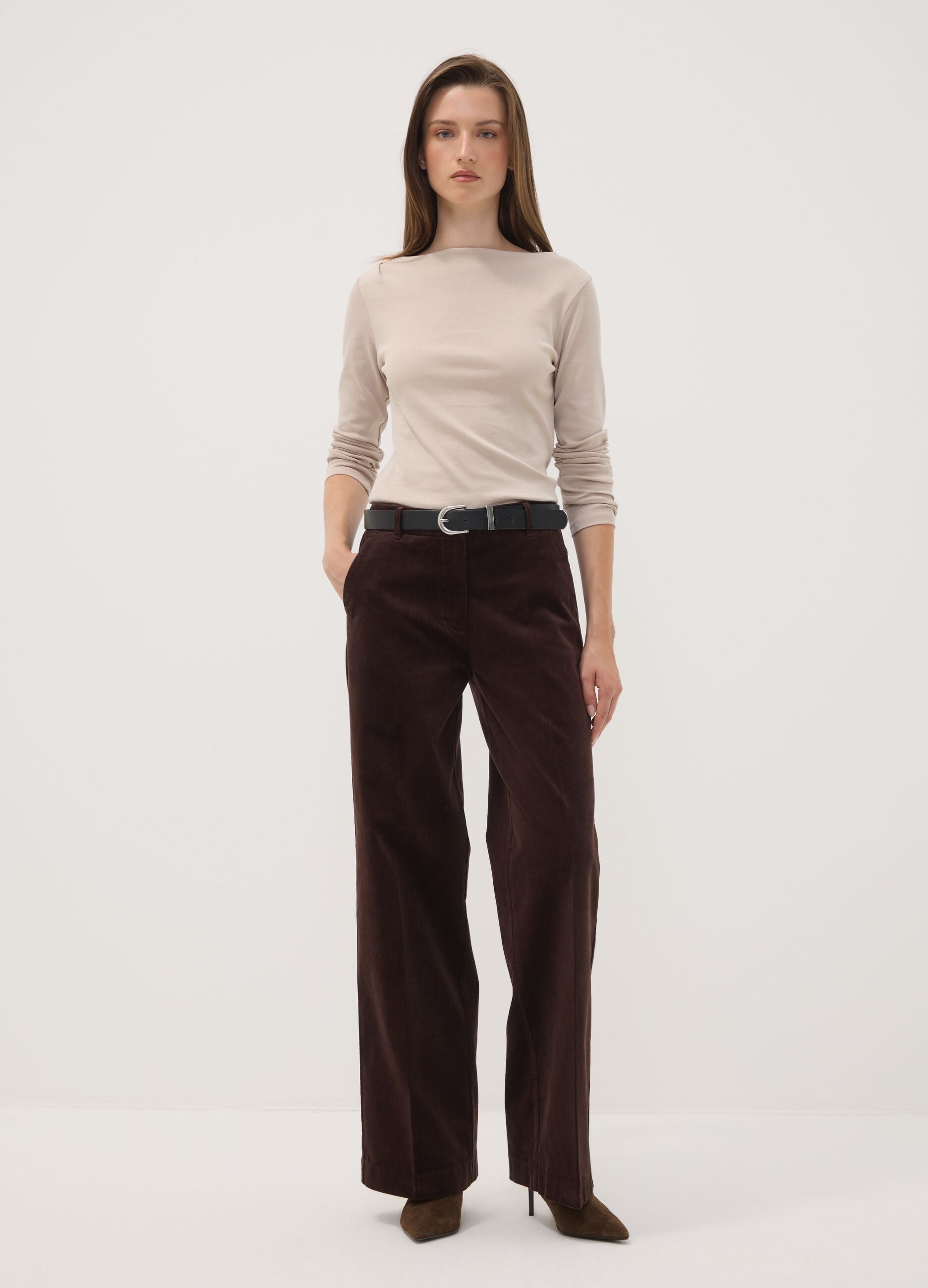 Beige pure cotton crew-neck T-shirt