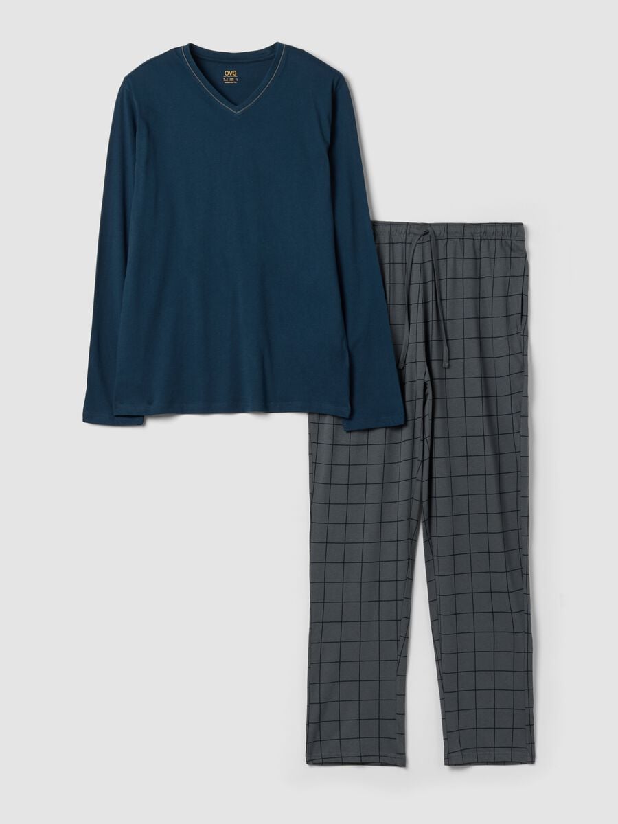 Pigiama blu in puro cotone organico con scollo a V_0