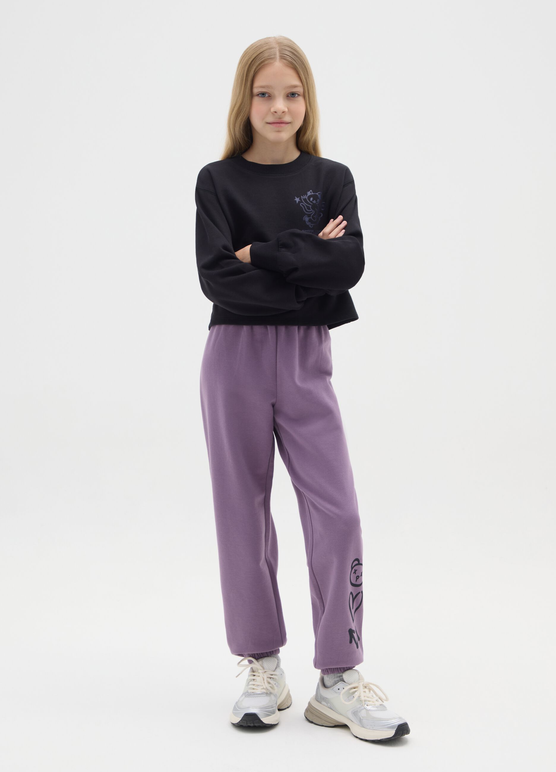 Girls' Purple Jogger Trousers in Pure Cotton with Print