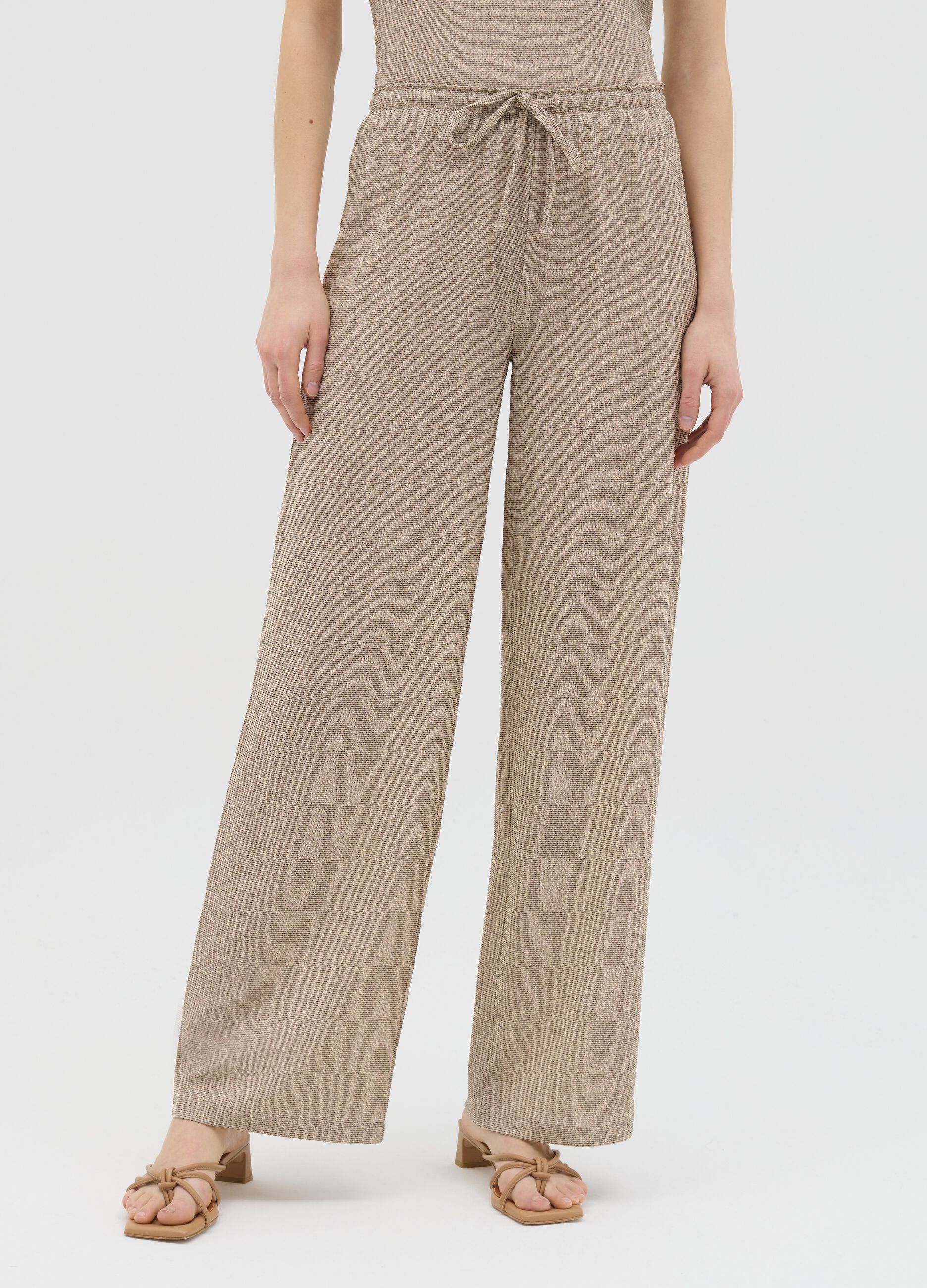 Beige Palazzo Trousers in Stretch Fabric