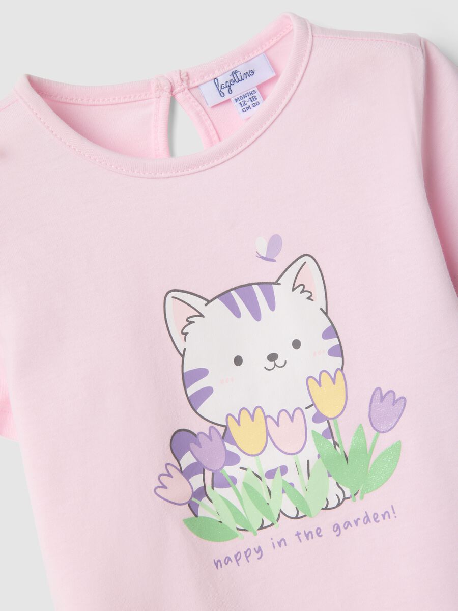 Girls' pink cotton T-shirt regular fit with cat_2