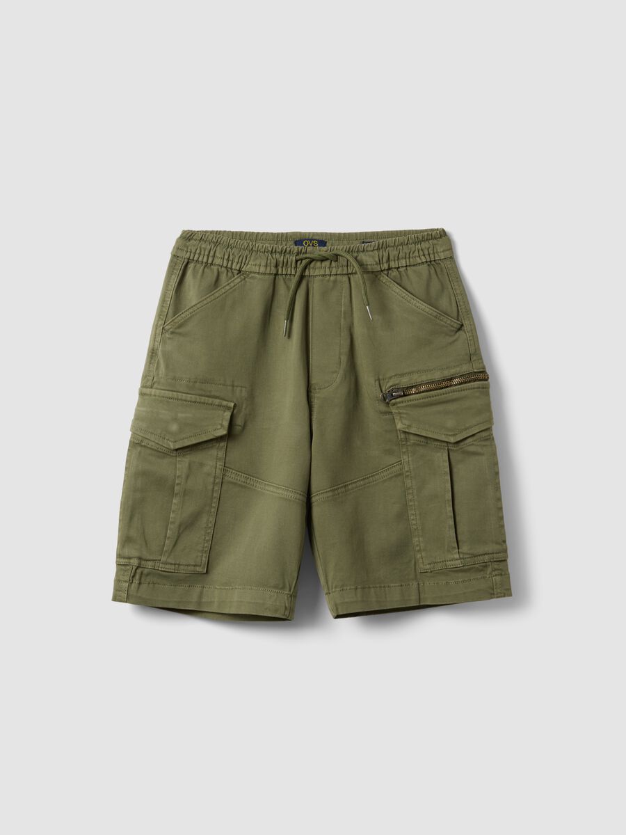 Green stretch cotton cargo shorts_0