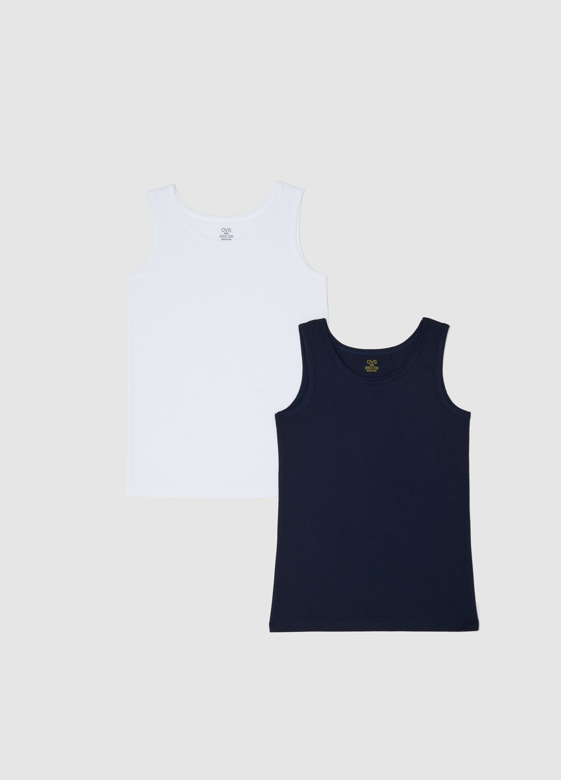 Two-pack white and blue racerback vests in organic cotton