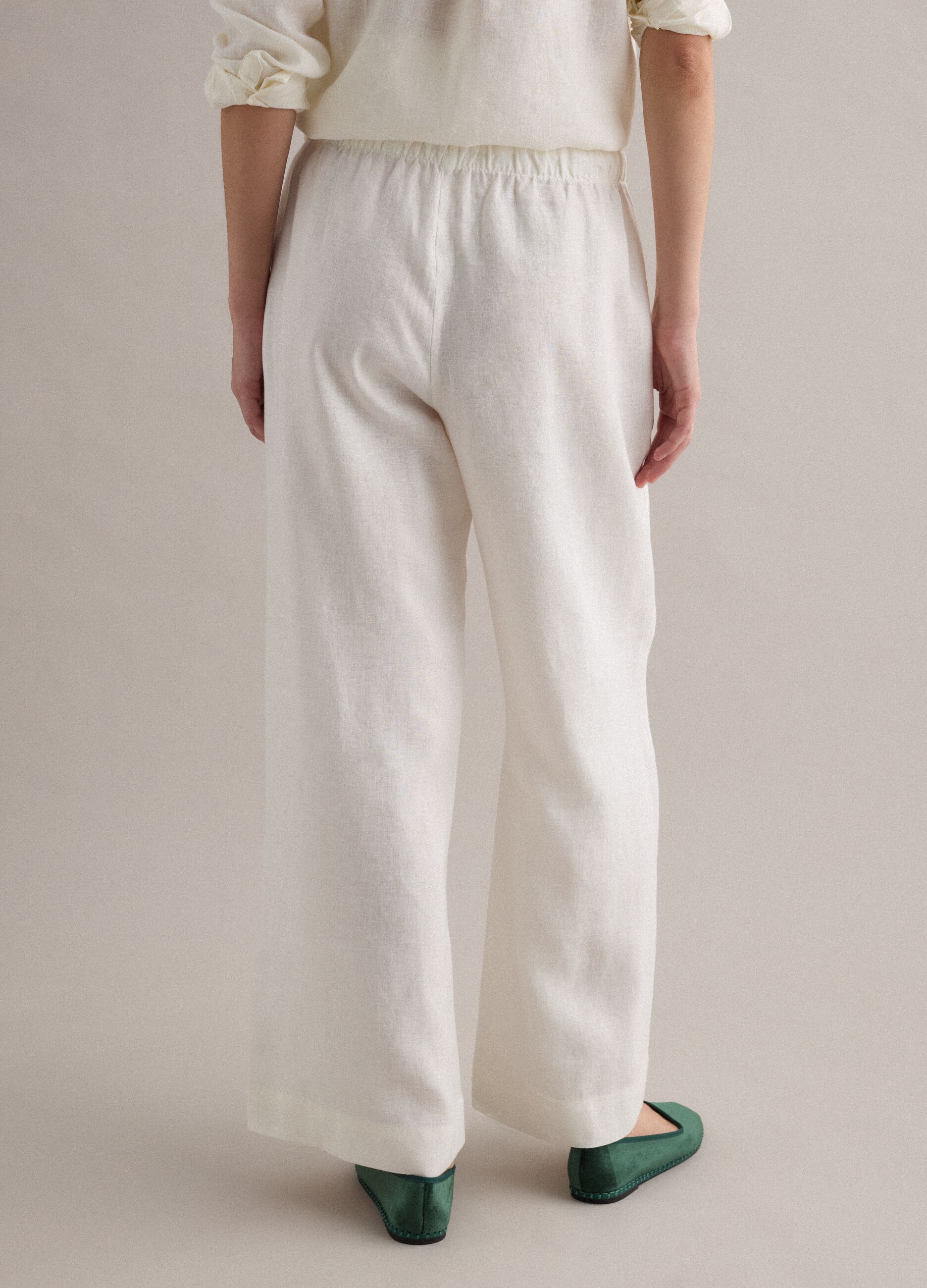 White pure linen straight-fit drawstring trousers