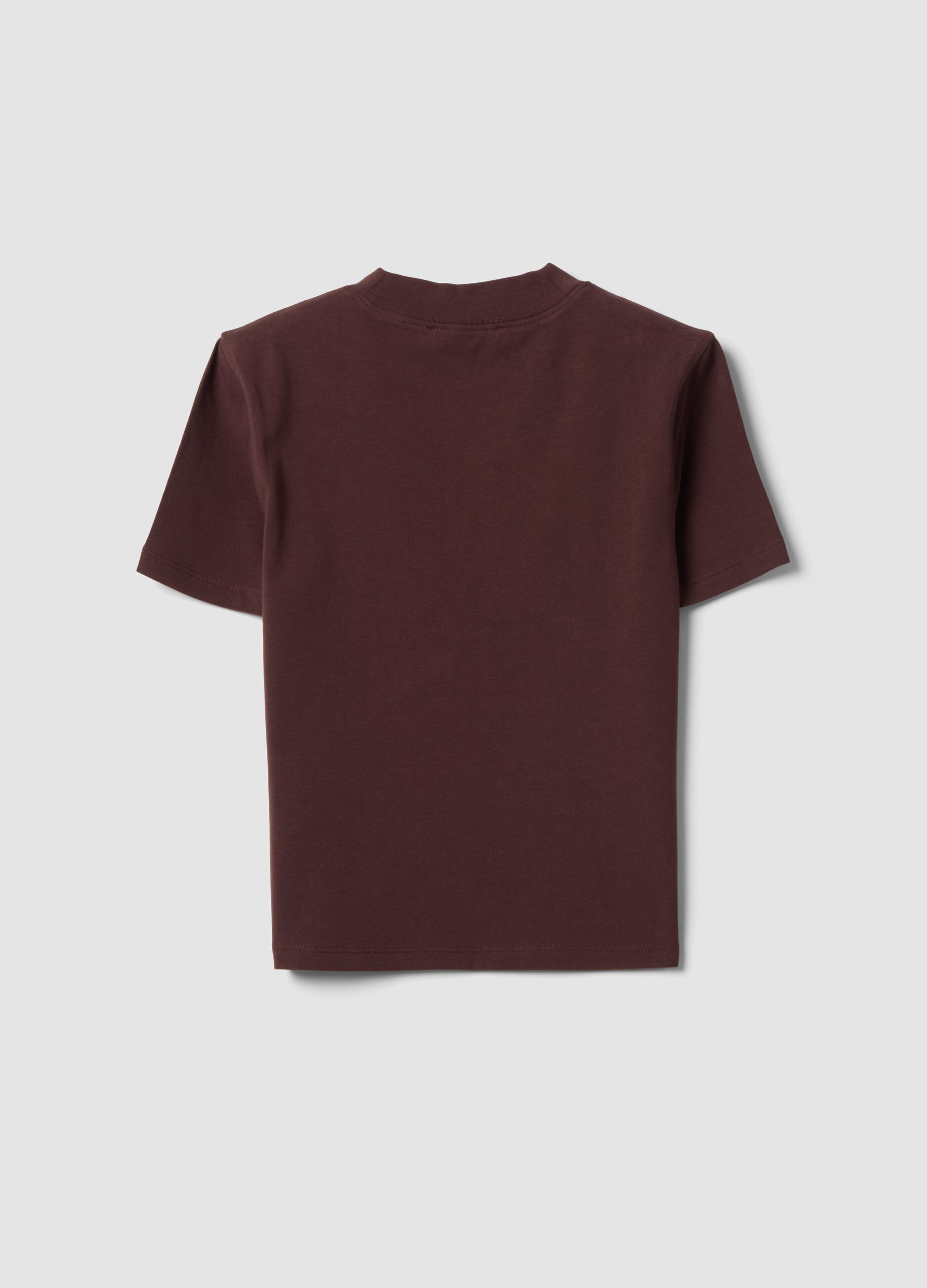 Brown fitted stretch-cotton T-shirt with raised neckline