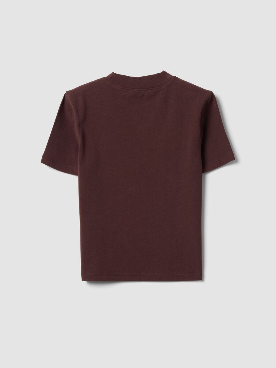 Brown fitted stretch-cotton T-shirt with raised neckline_5
