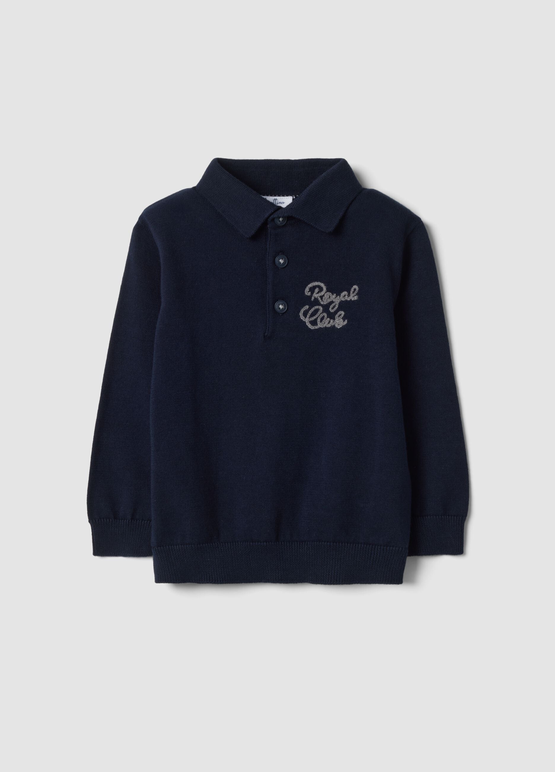 Blue long-sleeved pure cotton polo shirt
