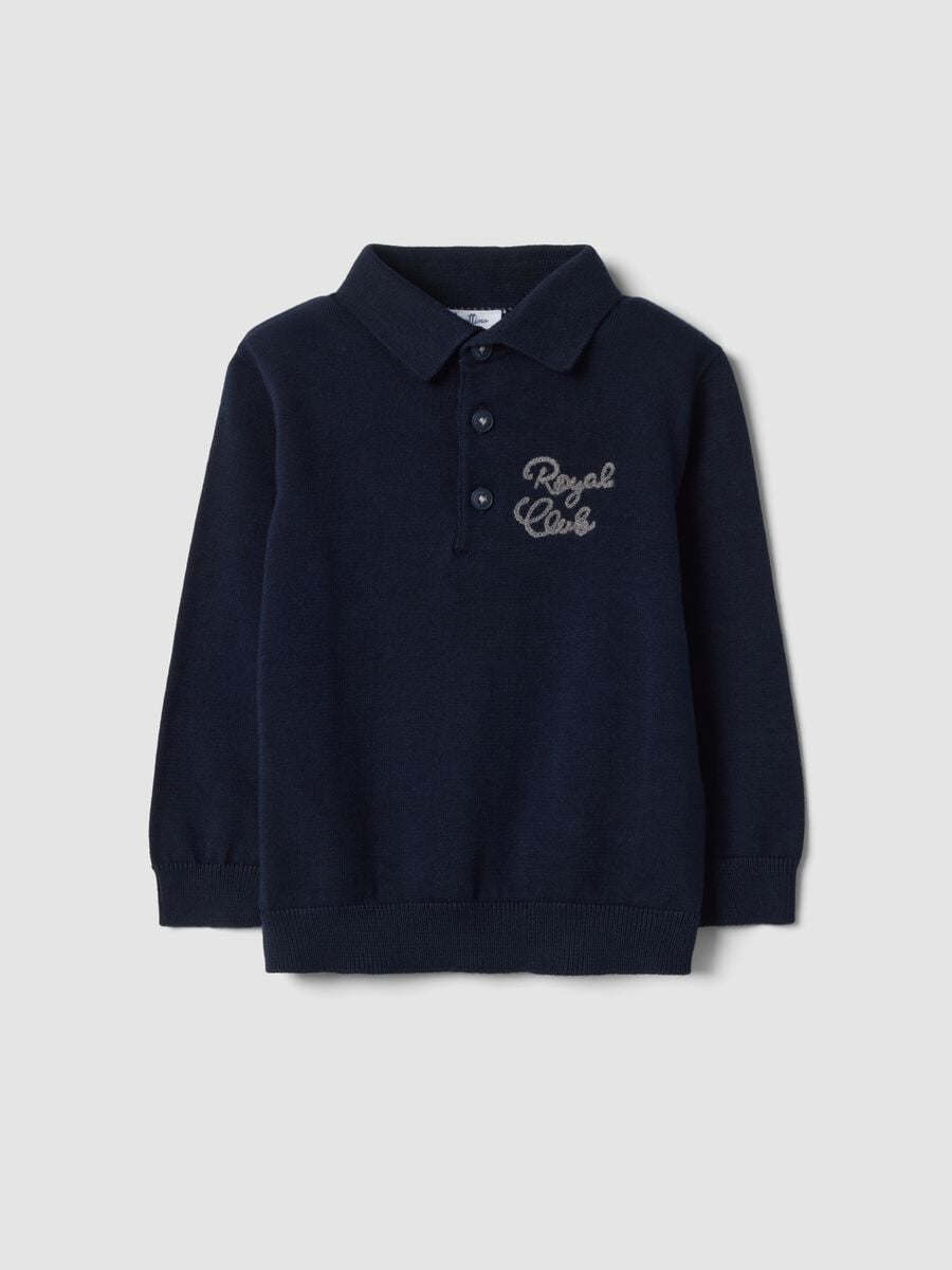 Blue long-sleeved pure cotton polo shirt_0
