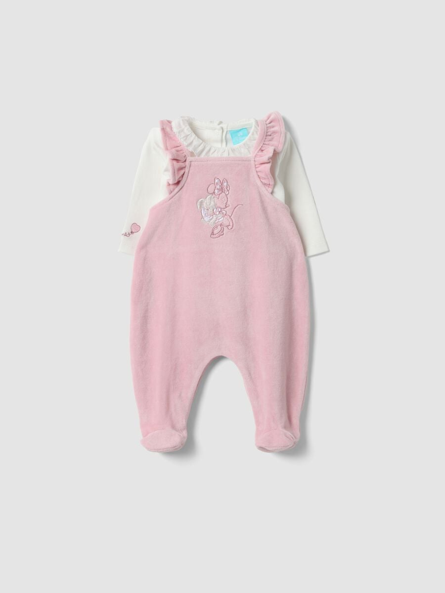 Completo rosa e bianco in misto cotone organico con ricamo Minnie per neonata_0