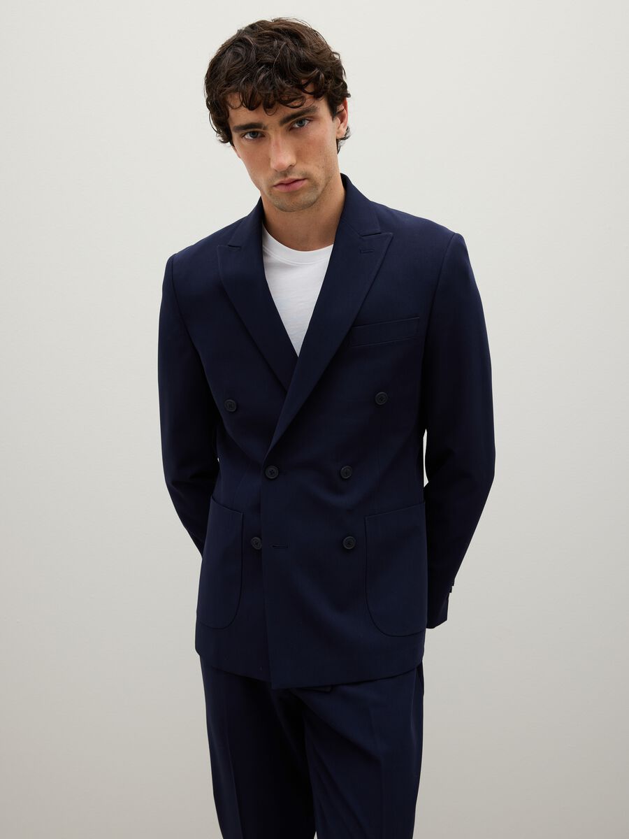 Slim Fit Blue Stretch Fabric Blazer_0