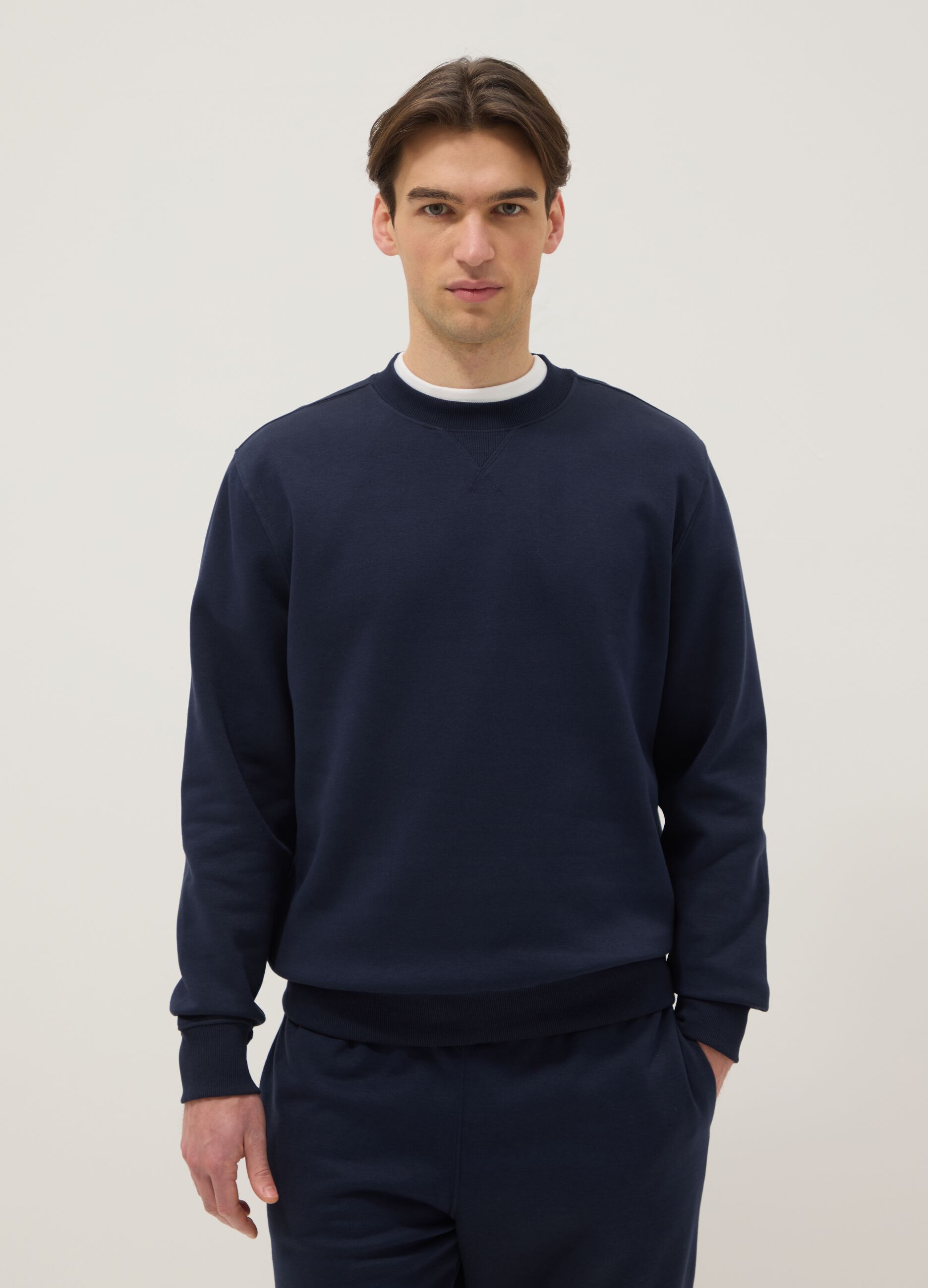 Regular fit blue cotton blend crew neck sweatshirt