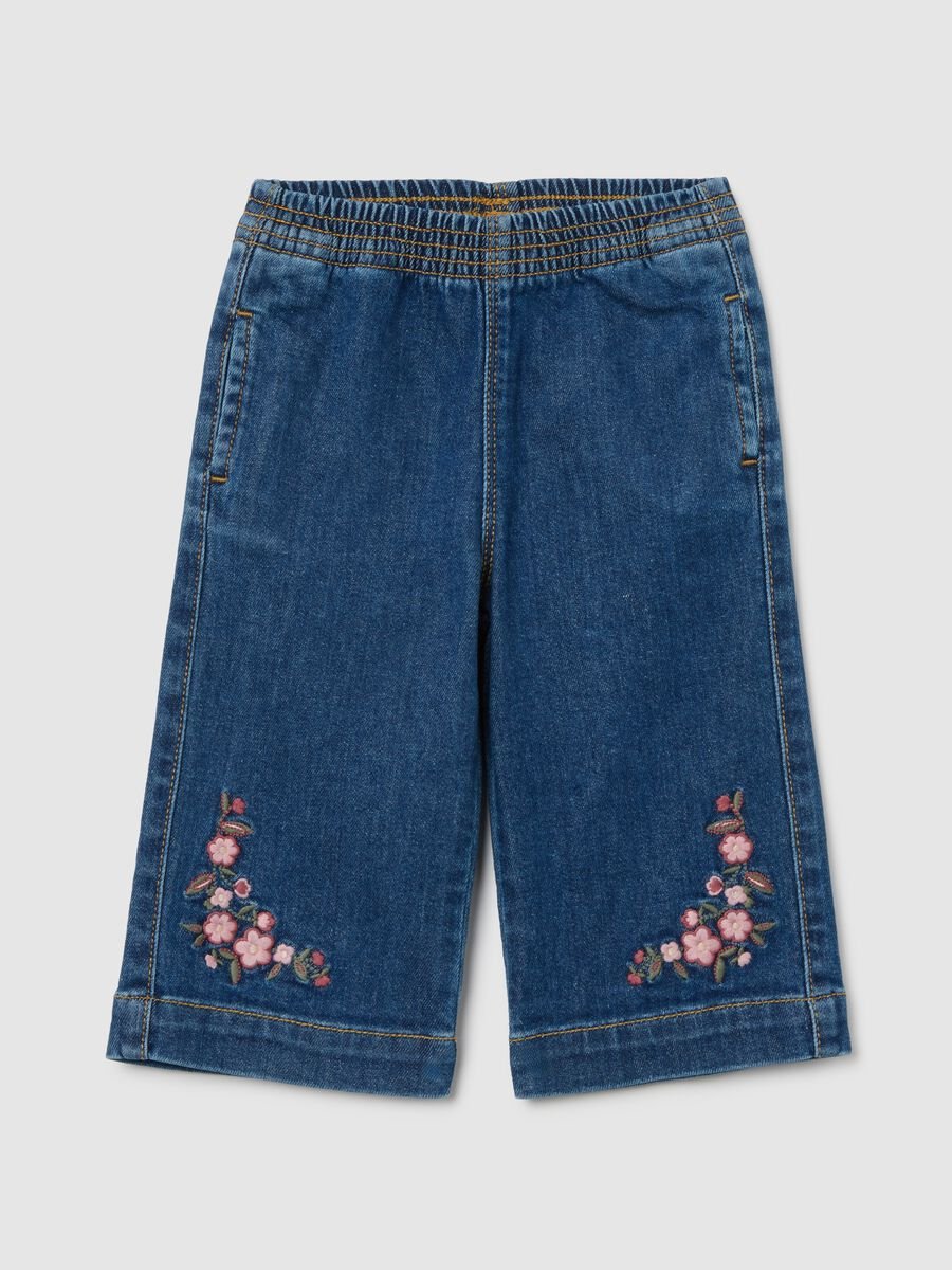 Pantaloni wide leg blu da bimba in denim con ricami_0