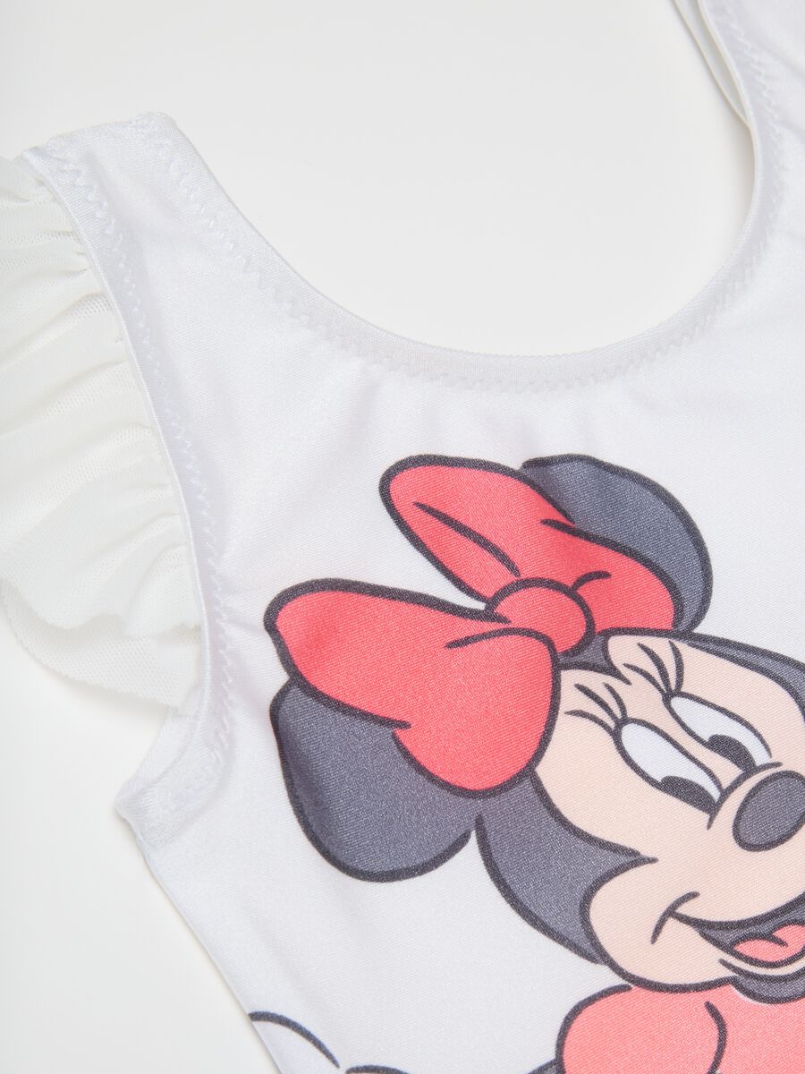 White Stretch Fabric Toddler Bodysuit with Minnie Print and Ruffle Details_2