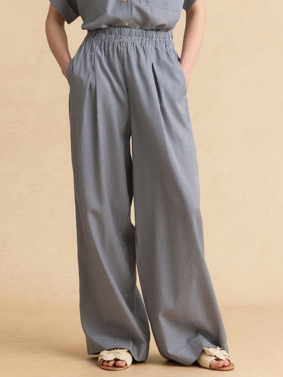 Pantaloni palazzo a righe bianche e blu in misto cotone regular fit_1