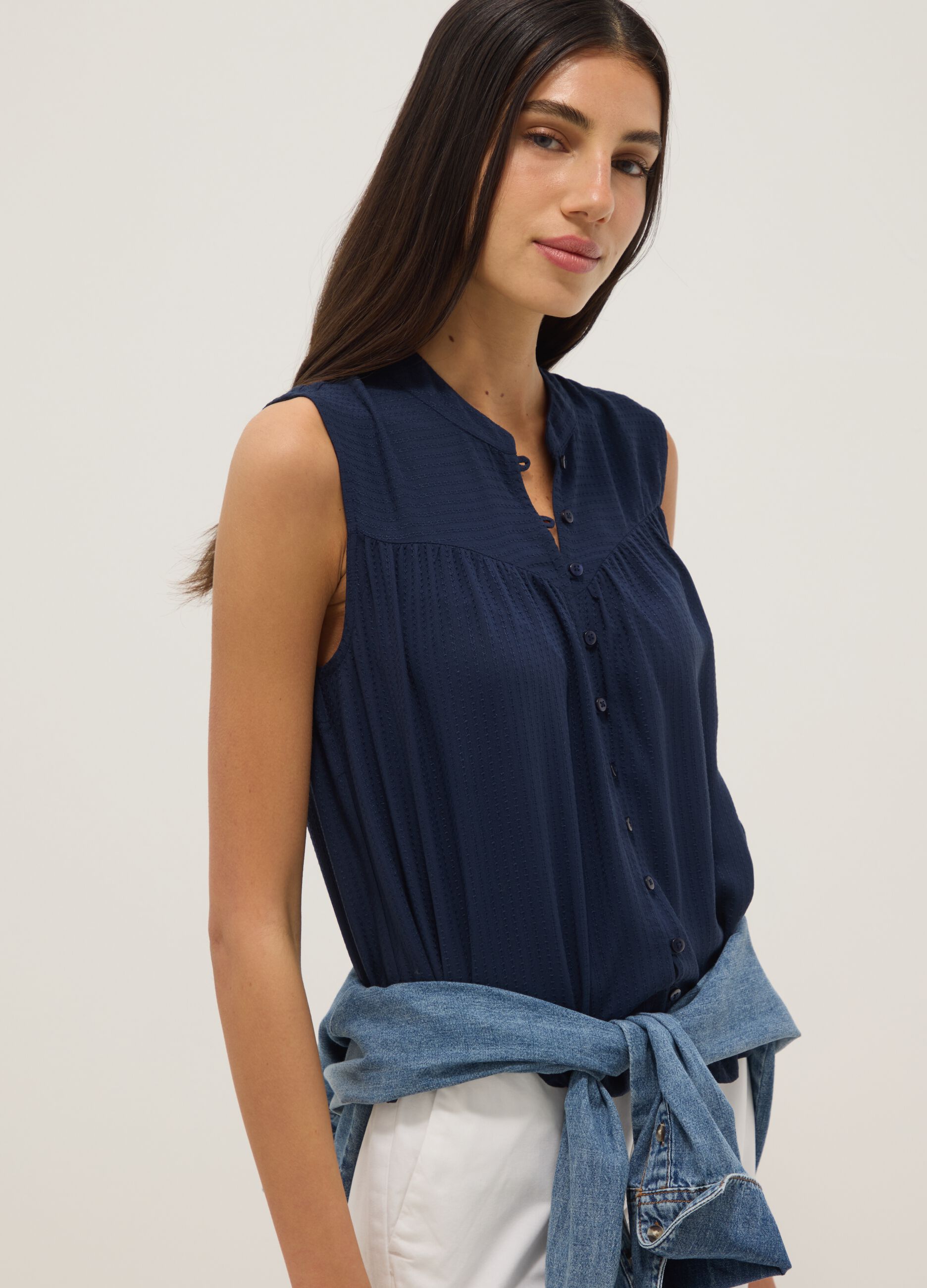 Blue pure viscose regular-fit shirt with embroidered texture