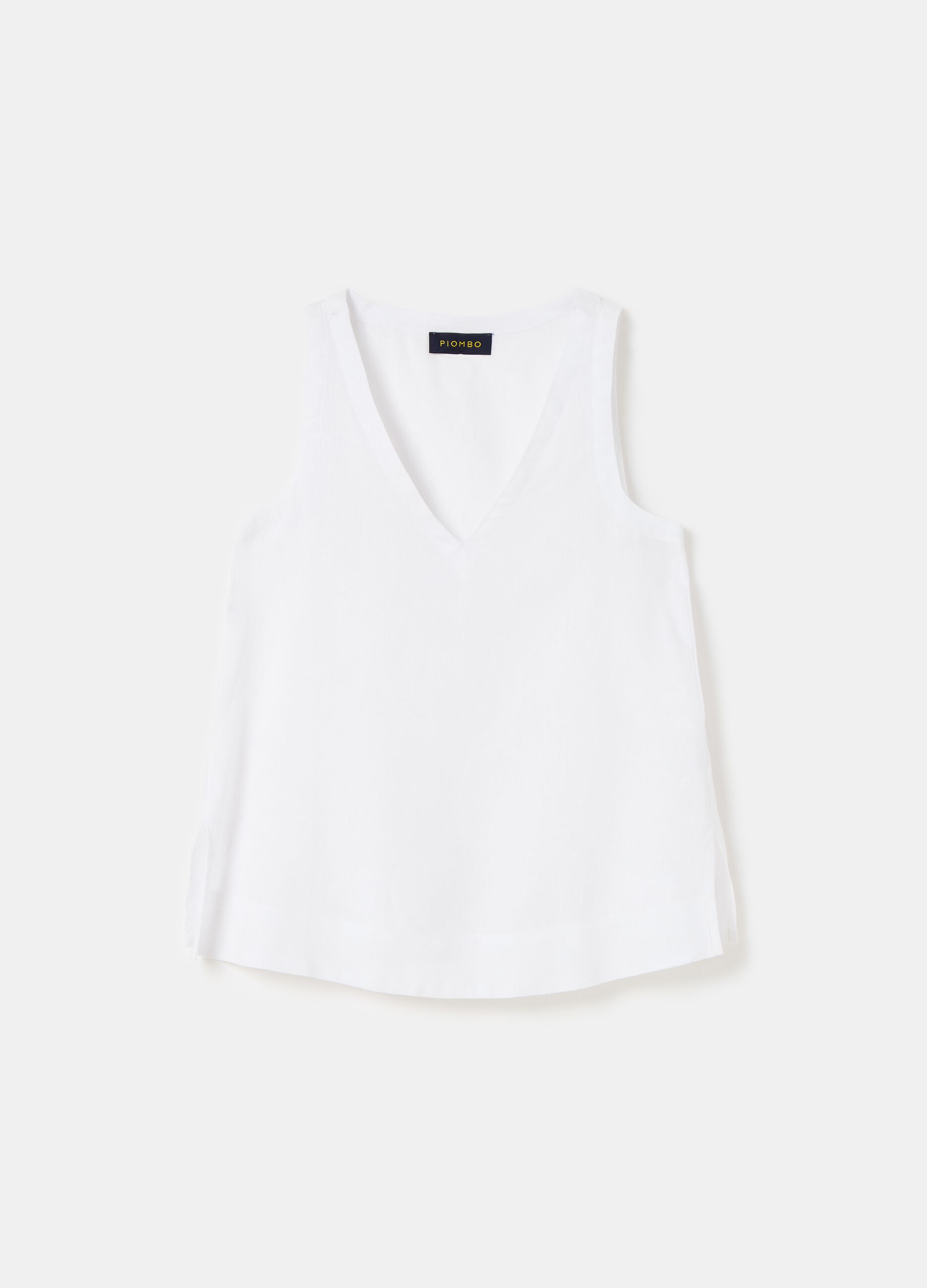 Blusa smanicata in lino scollo a V