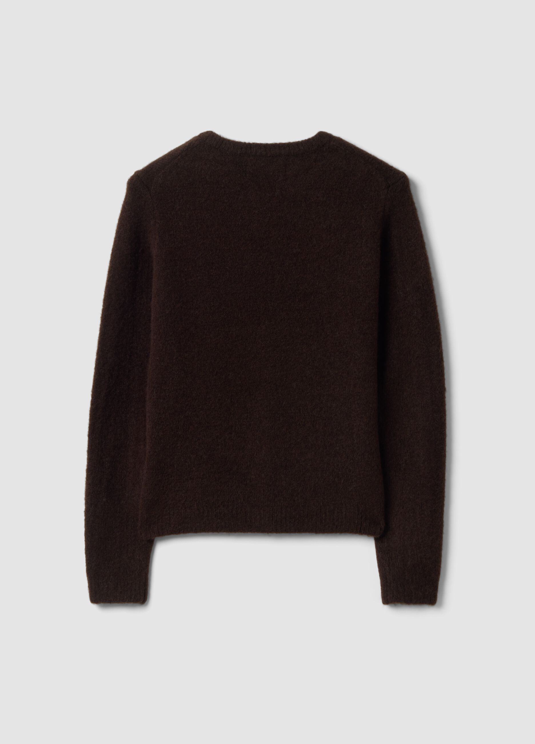 Brown stretch wool crew-neck cardigan, regular fit