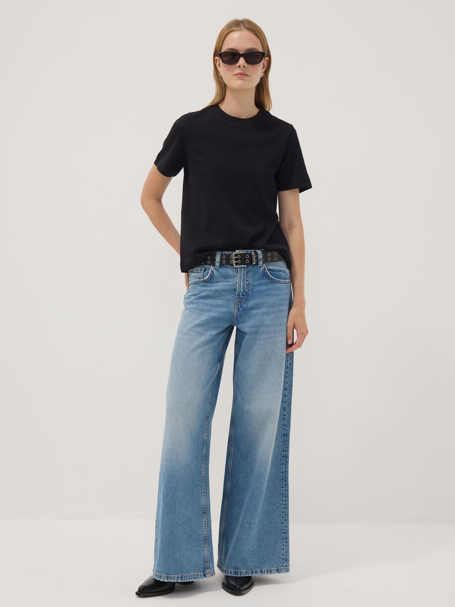 Jeans azzurri wide leg in puro cotone a vita bassa_0
