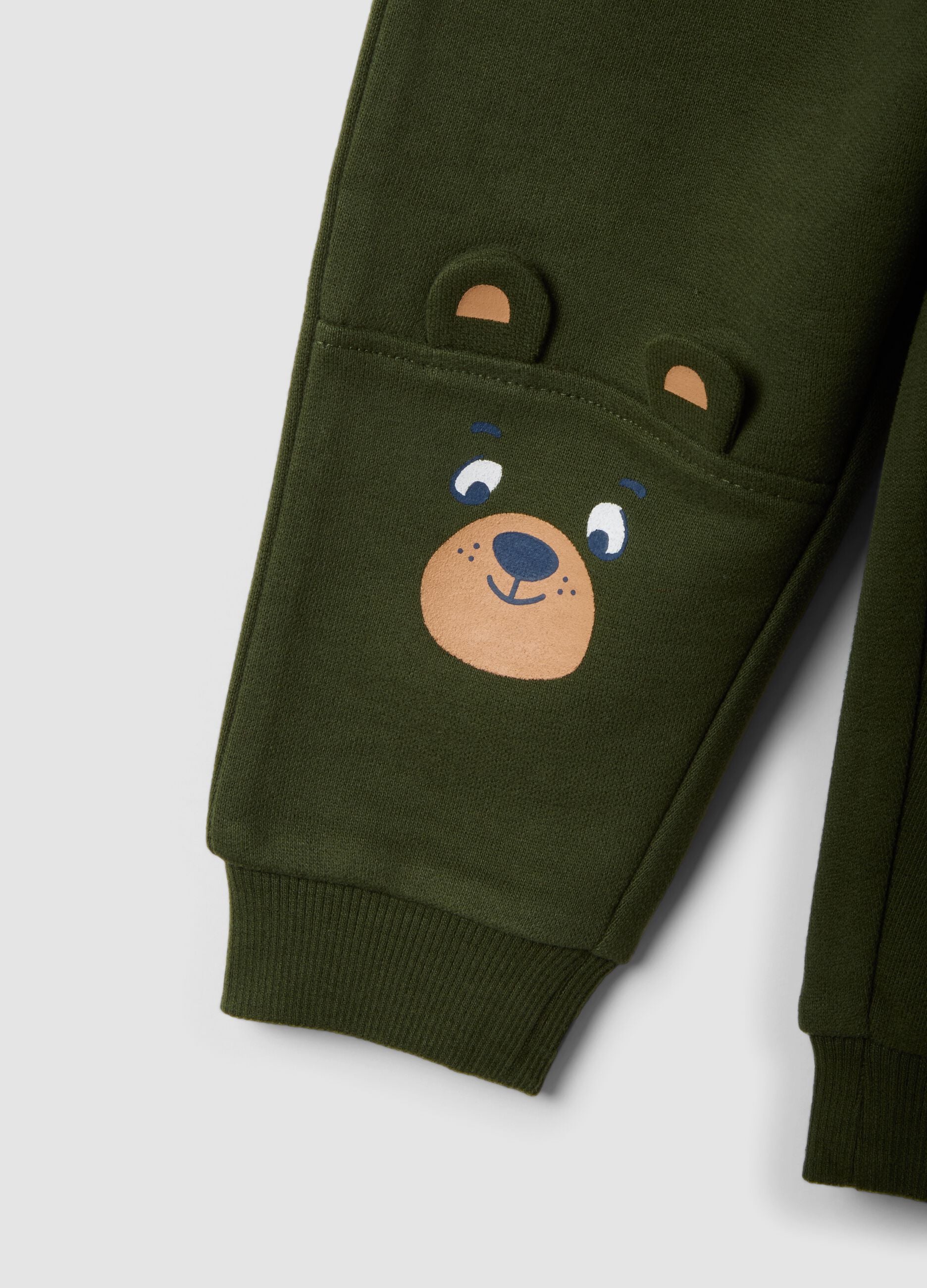 Green pure cotton over-fit joggers with teddy bear print
