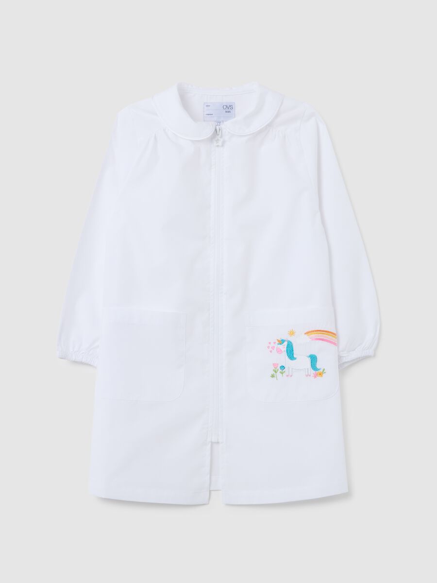 Girls' school smock in white cotton blend with unicorn_0
