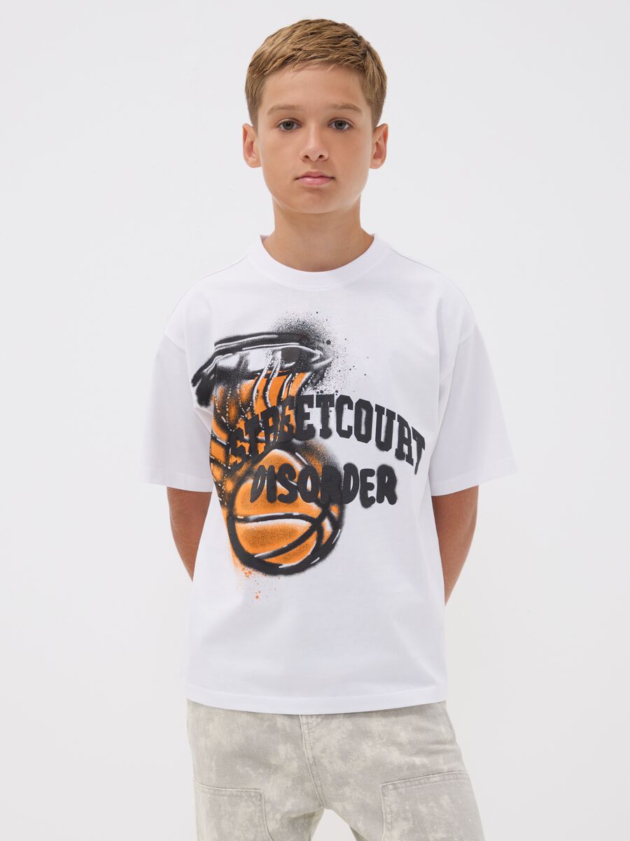 White pure cotton oversized T-shirt with basketball graphic print for boys_1