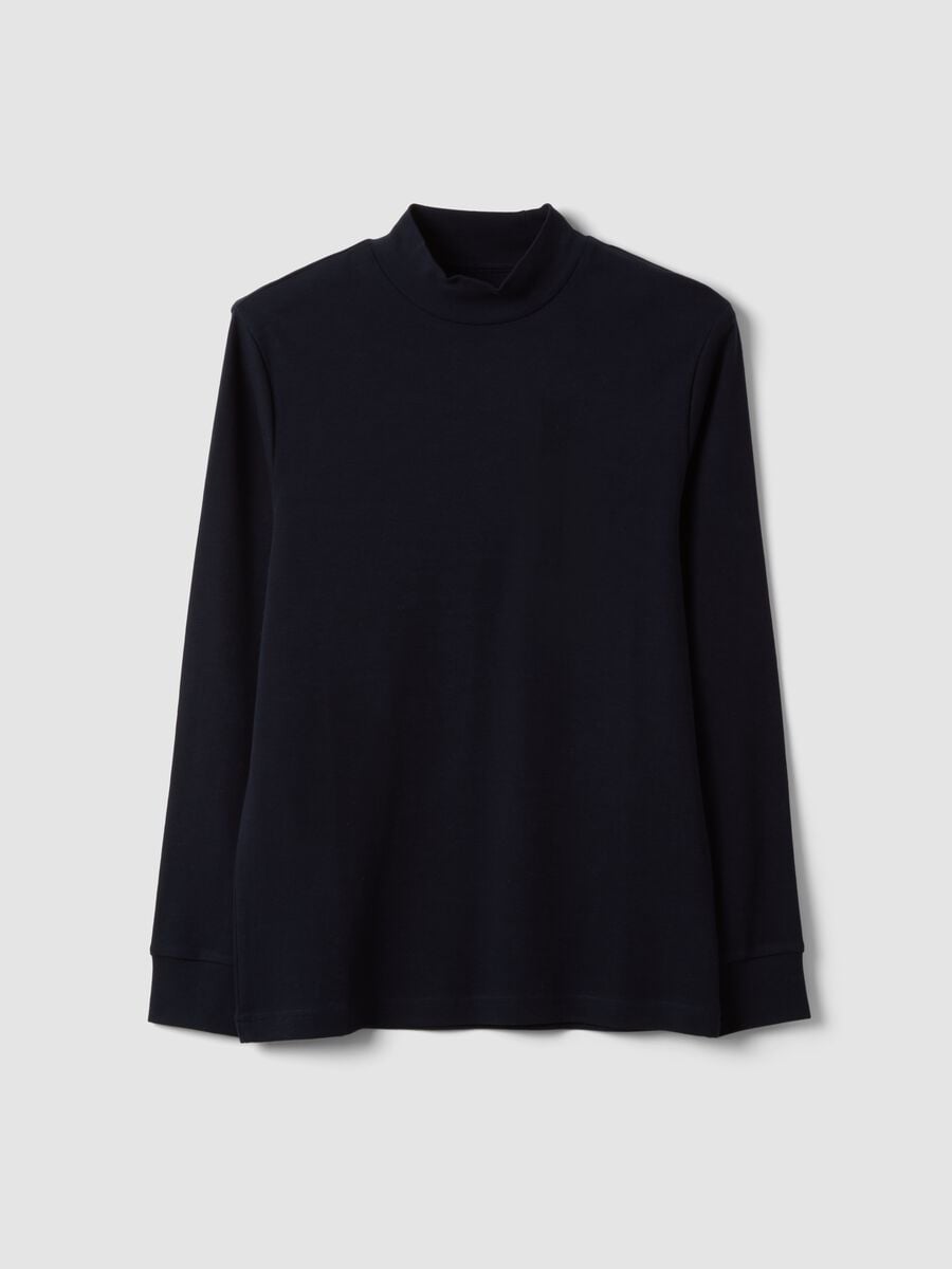 Blue pure cotton T-shirt with structured high neck_0