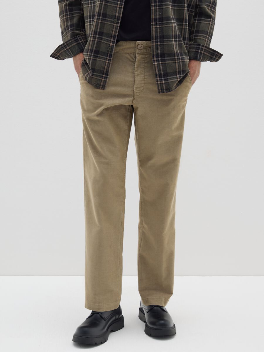 Beige cotton blend regular fit trousers_1