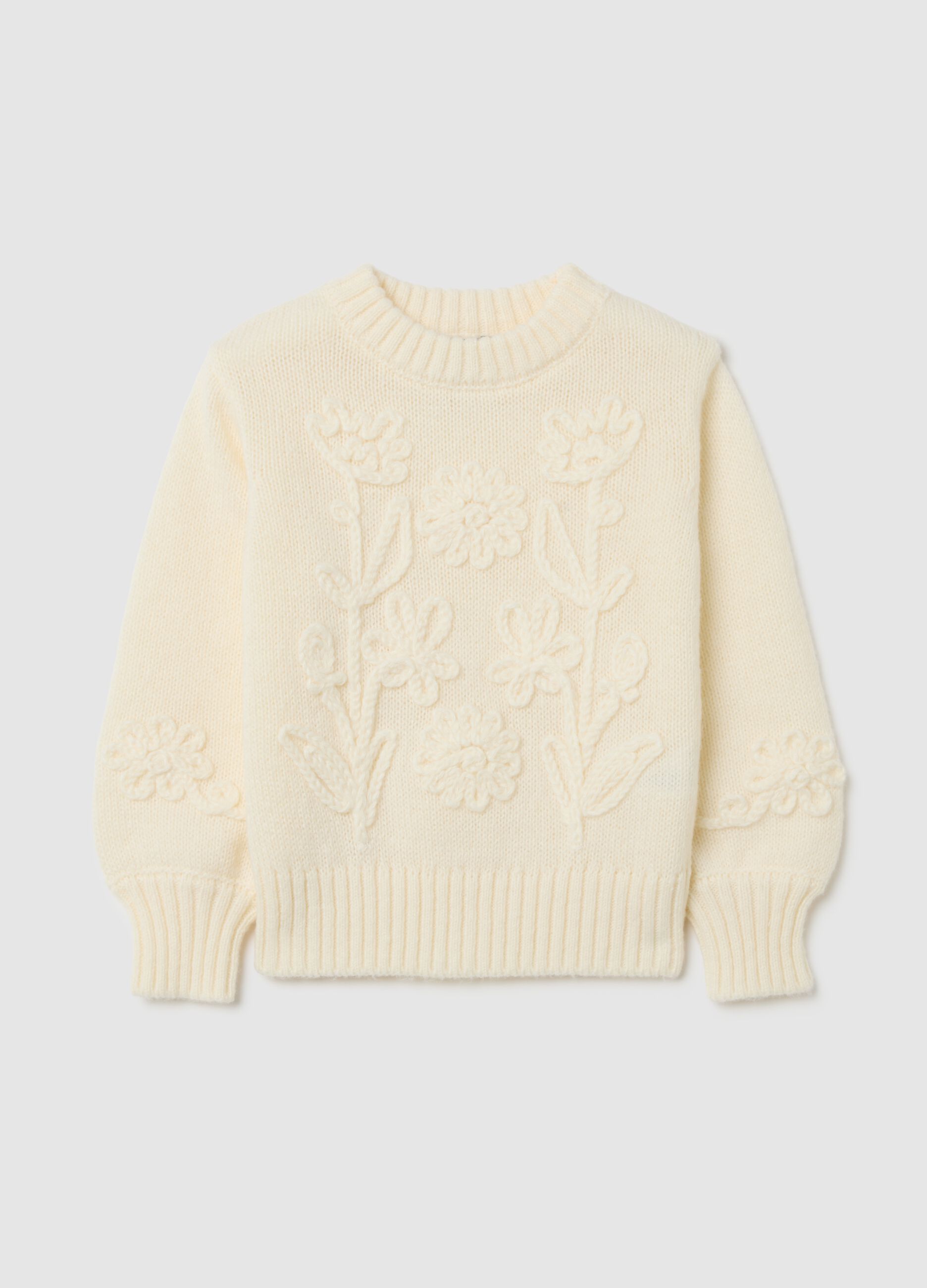 Beige regular fit girls' jumper with floral embroidery