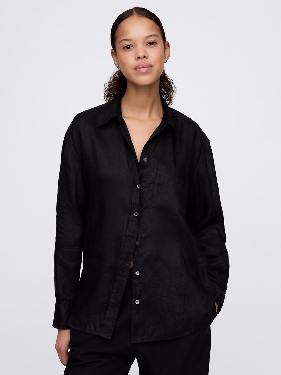 Wide black shirt in 100% linen_0